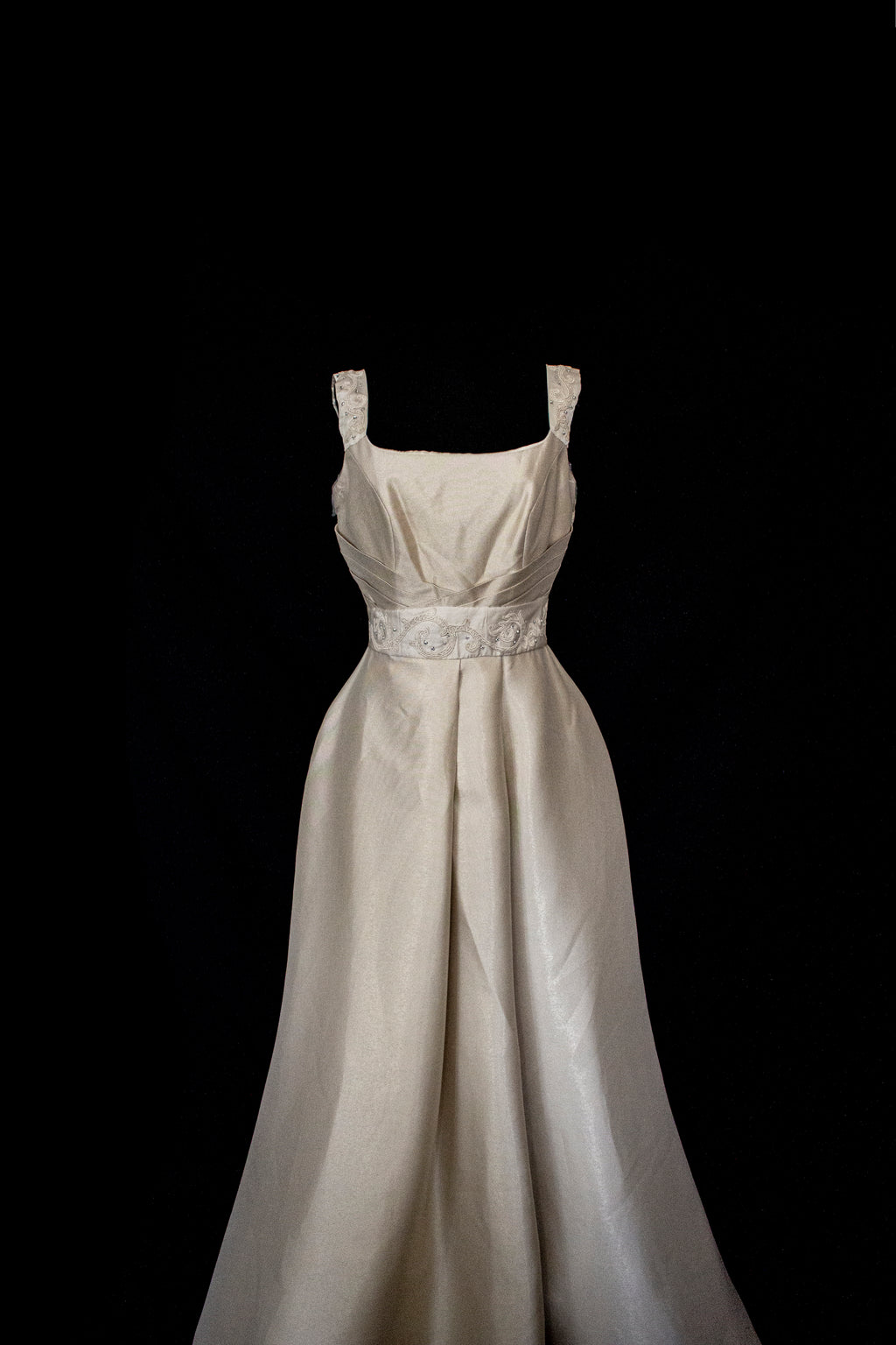 307 - REGAL BRONZE SILK MIKADO WEDDING DRESS: A-LINE GOWN WITH ANTIQUE 1960S EMBROIDERY