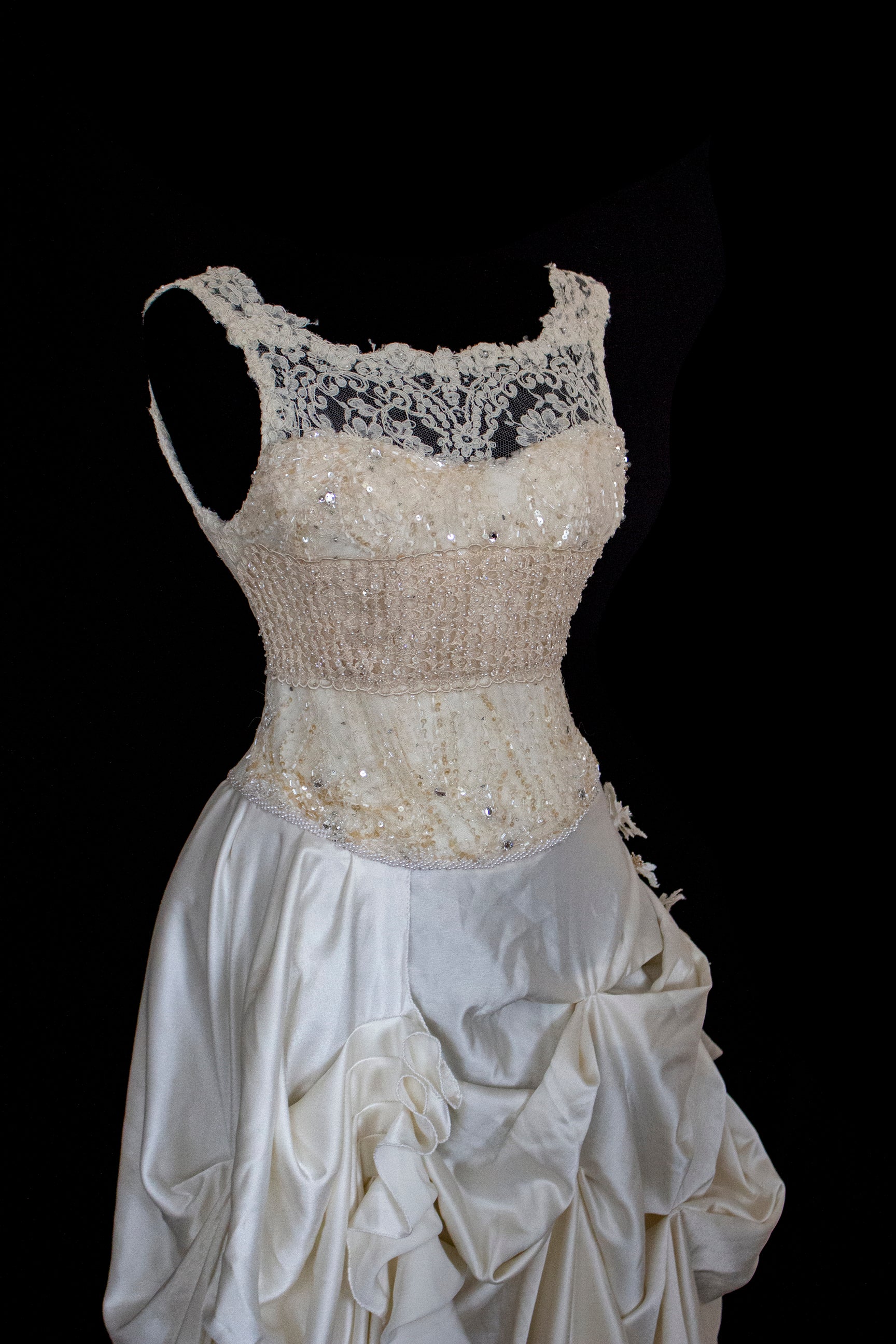 337 - IVORY CHAMPAGNE UPCYCLED COUTURE WEDDING DRESS: MIXED VINTAGE SILKS WITH HAND-EMBROIDERED LACE & FLORAL RAMAGE - Vague atelier