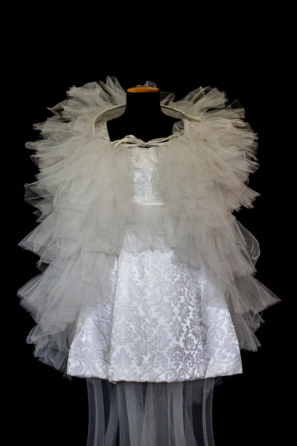 Vintage 90s Mini Wedding Dress | Damask Bridal Dress with Cape & Bow - 368