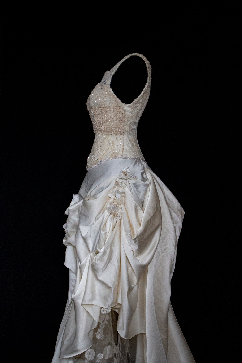 337 - IVORY CHAMPAGNE UPCYCLED COUTURE WEDDING DRESS: MIXED VINTAGE SILKS WITH HAND-EMBROIDERED LACE & FLORAL RAMAGE - Vague atelier