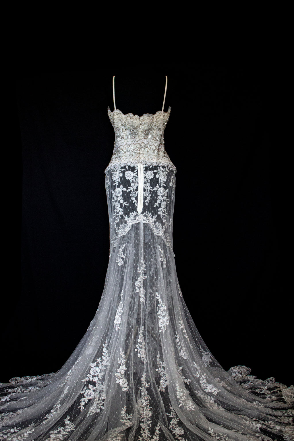 239 - VINTAGE OFF-WHITE MERMAID SWAROVSKI WEDDING DRESS: GOWN WITH NUDE POLKA DOT TULLE & SILVER FLORAL EMBROIDERY