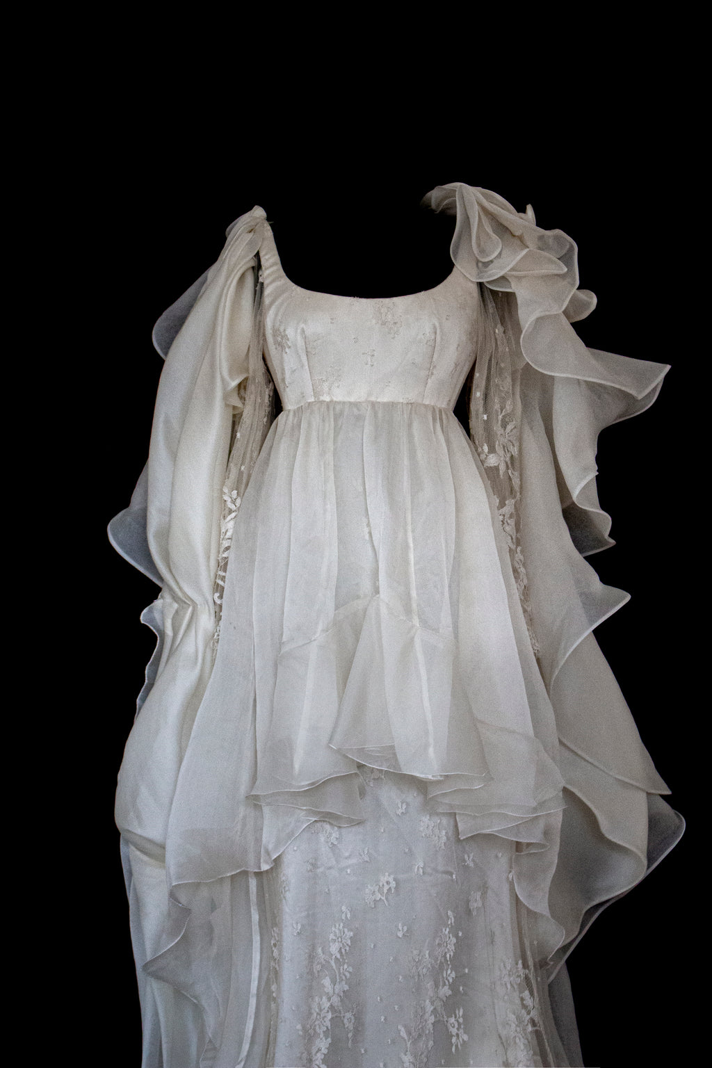 340 - OFF-WHITE SILK ORGANZA & ECRU LACE UPCYCLED WEDDING DRESS: UNIQUE EMPIRE GOWN WITH PLEATED WINGS