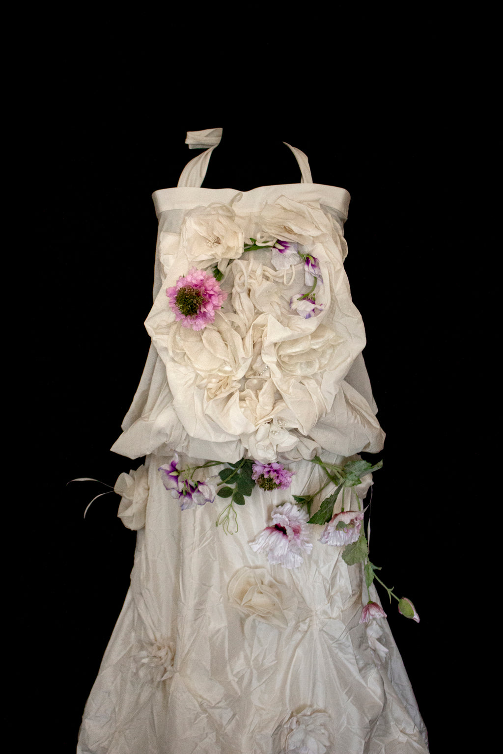 297- UNIQUE ROMANTIC VINTAGE SILK TAFFETA ENSEMBLE: BALLOON TOP & 3D MULTICOLOR FLORAL SKIRT - Vague atelier
