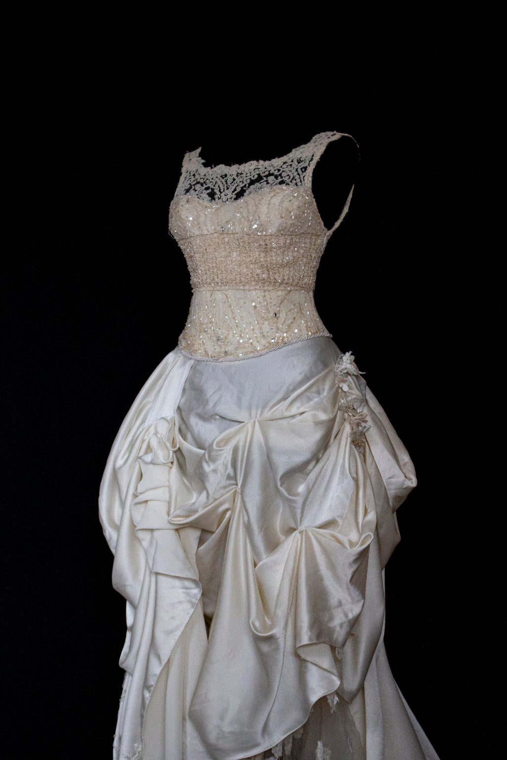 337 - IVORY CHAMPAGNE UPCYCLED COUTURE WEDDING DRESS: MIXED VINTAGE SILKS WITH HAND-EMBROIDERED LACE & FLORAL RAMAGE - Vague atelier