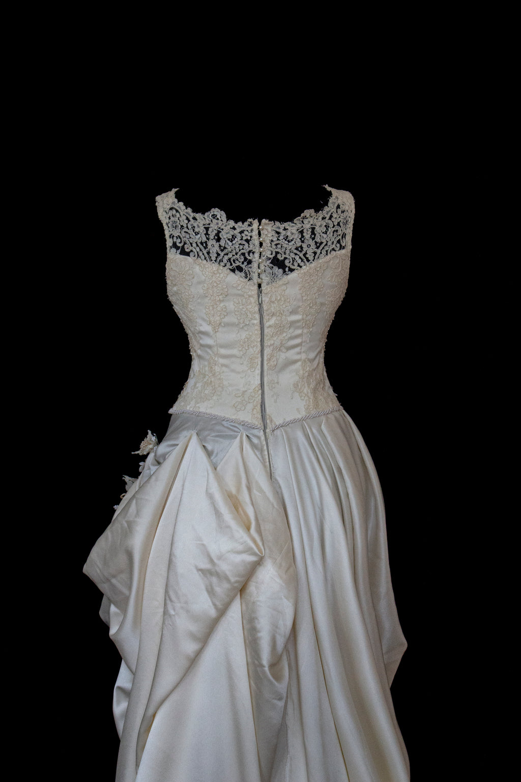 337 - IVORY CHAMPAGNE UPCYCLED COUTURE WEDDING DRESS: MIXED VINTAGE SILKS WITH HAND-EMBROIDERED LACE & FLORAL RAMAGE - Vague atelier