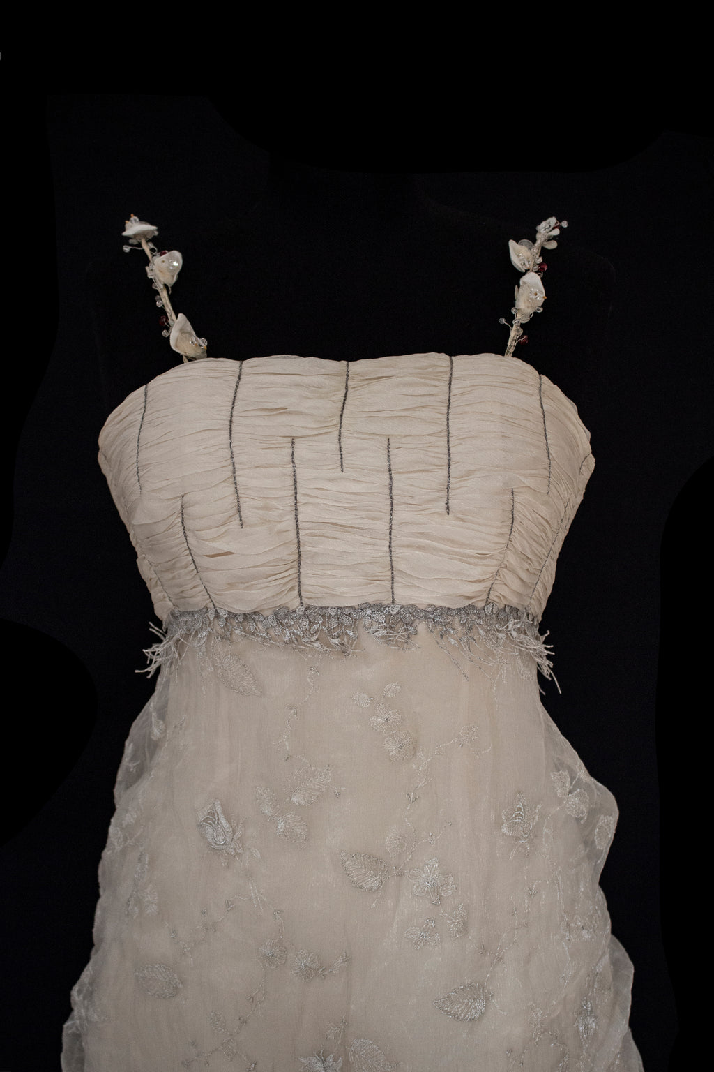336 - DARK BEIGE SILK EMPIRE WEDDING DRESS: VINTAGE 90s GOWN WITH ROARING 20s DETAILS & SILVER EMBROIDERY - Vague atelier