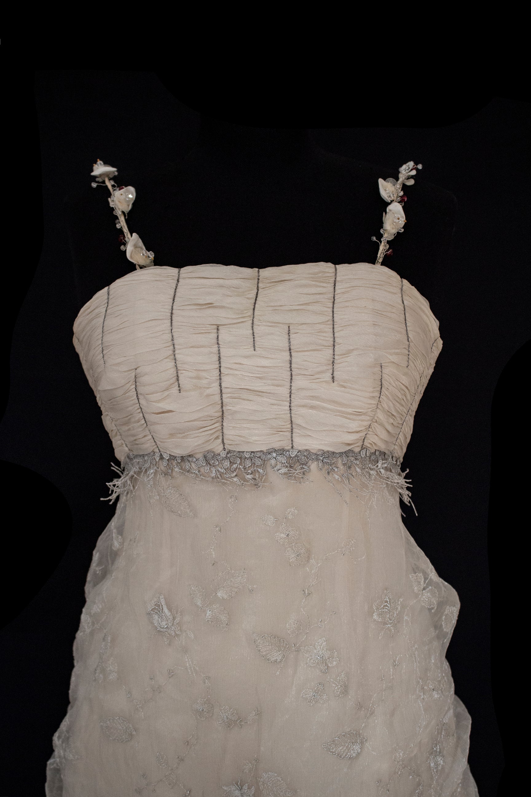 336 - DARK BEIGE SILK EMPIRE WEDDING DRESS: VINTAGE 90s GOWN WITH ROARING 20s DETAILS & SILVER EMBROIDERY - Vague atelier