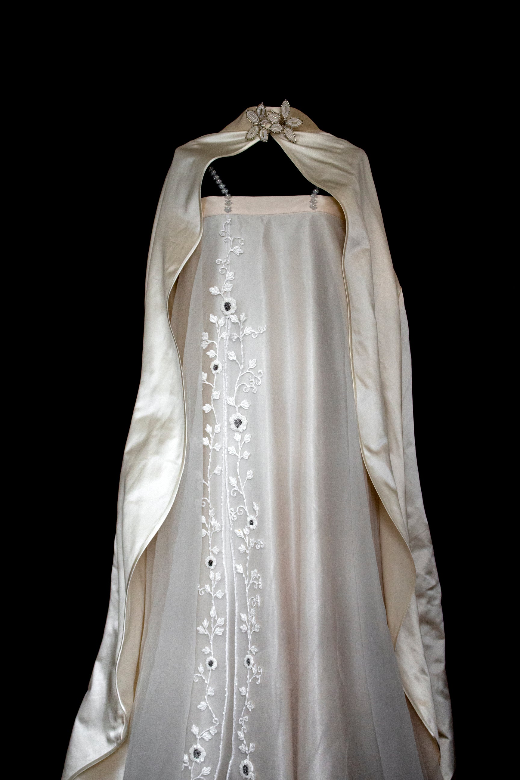347 - UNIQUE UPCYCLED SILK SATIN WEDDING DRESS: POWDER PINK SLIP GOWN & IVORY CAPE ENSEMBLE, SILVER FLORAL EMBROIDERY, BOHO LUXURY