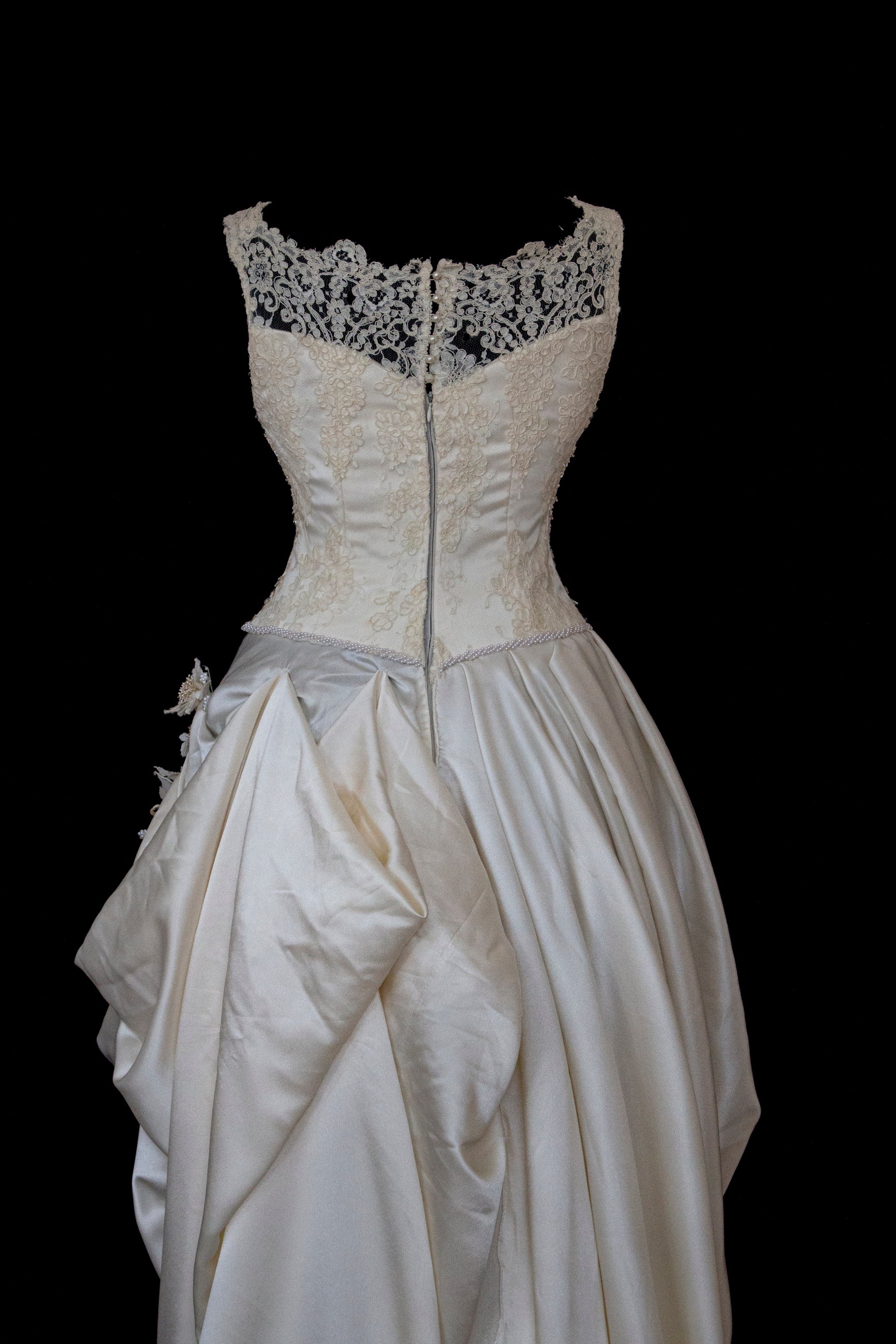 337 - IVORY CHAMPAGNE UPCYCLED COUTURE WEDDING DRESS: MIXED VINTAGE SILKS WITH HAND-EMBROIDERED LACE & FLORAL RAMAGE - Vague atelier