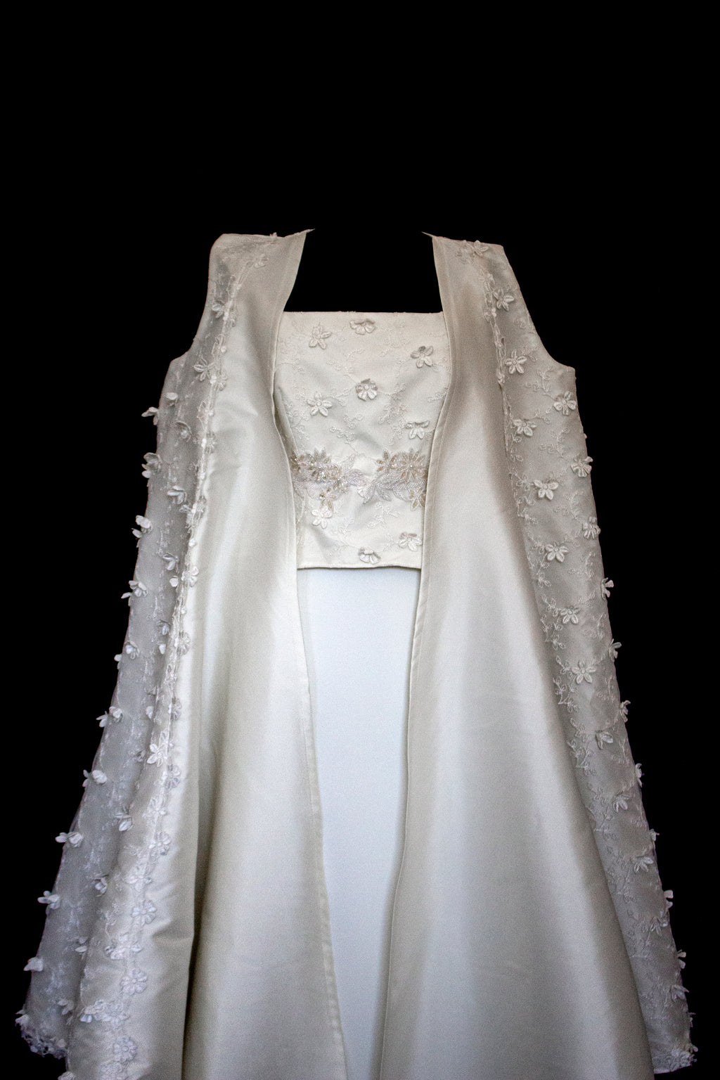 293 - UNIQUE UPCYCLED 3-PIECE BRIDAL SET: 3D FLORAL TOP, MIKADO SKIRT & BRIDAL VEST