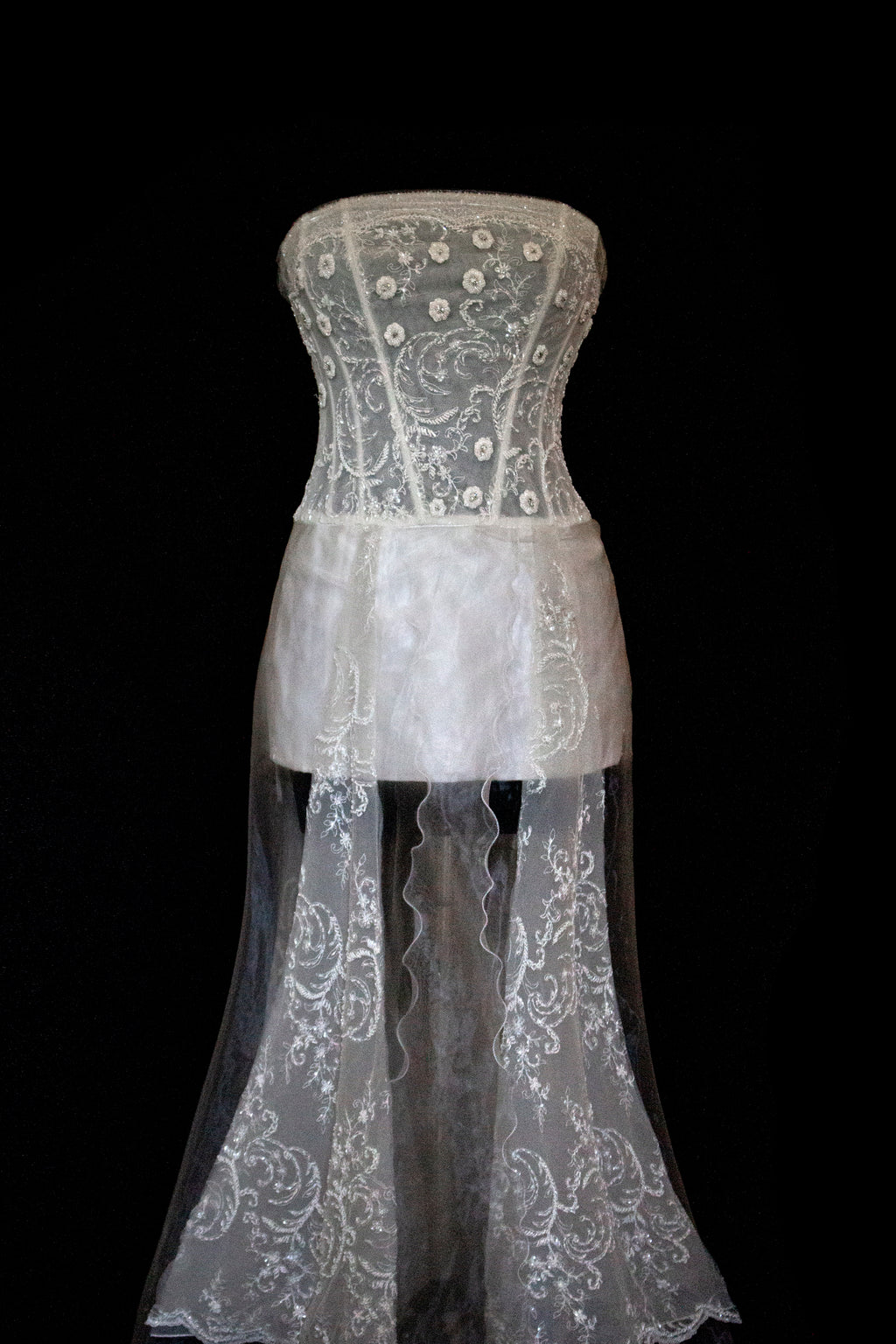 365 - VINTAGE 90s UPCYCLED EMBROIDERED WEDDING DRESS: STRAPLESS WRAP GOWN WITH IRIDESCENT DRAMA CAPE