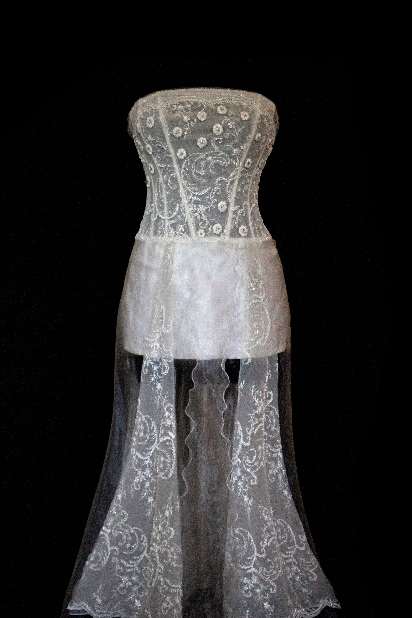 365 - VINTAGE 90s UPCYCLED EMBROIDERED WEDDING DRESS: STRAPLESS WRAP GOWN WITH IRIDESCENT DRAMA CAPE