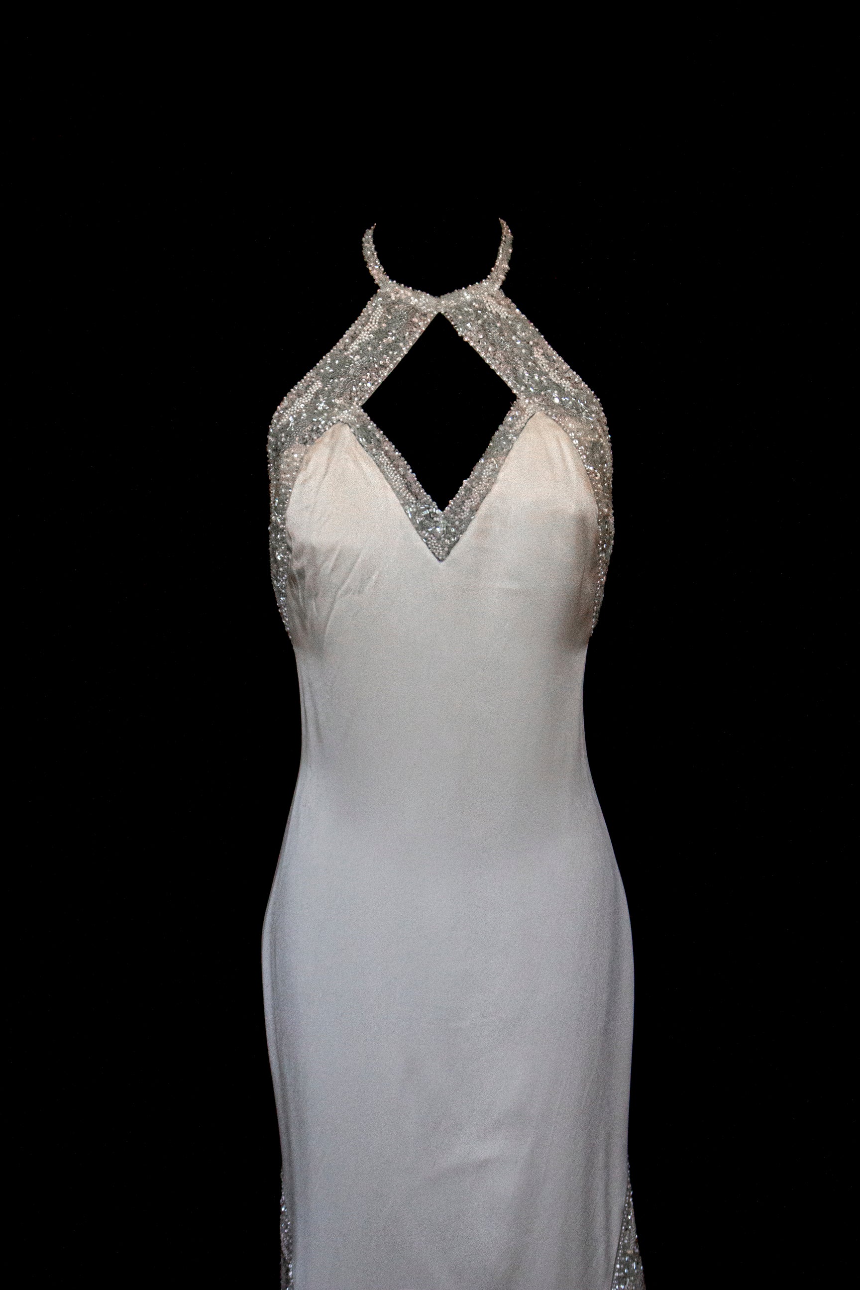 291 - OLD HOLLYWOOD VINTAGE MERMAID BRIDAL GOWN: BACKLESS SILK SATIN & ART DECO SILVER BEADING