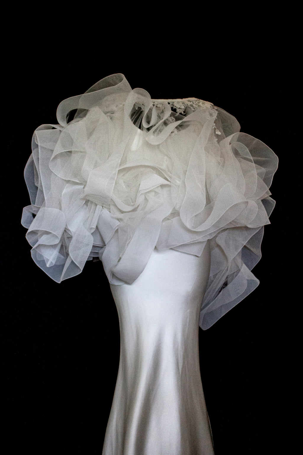 360 - VINTAGE SLIP STYLE WEDDING DRESS: CREAM FLUID SATIN GOWN WITH EMBROIDERED TULLE CAPE