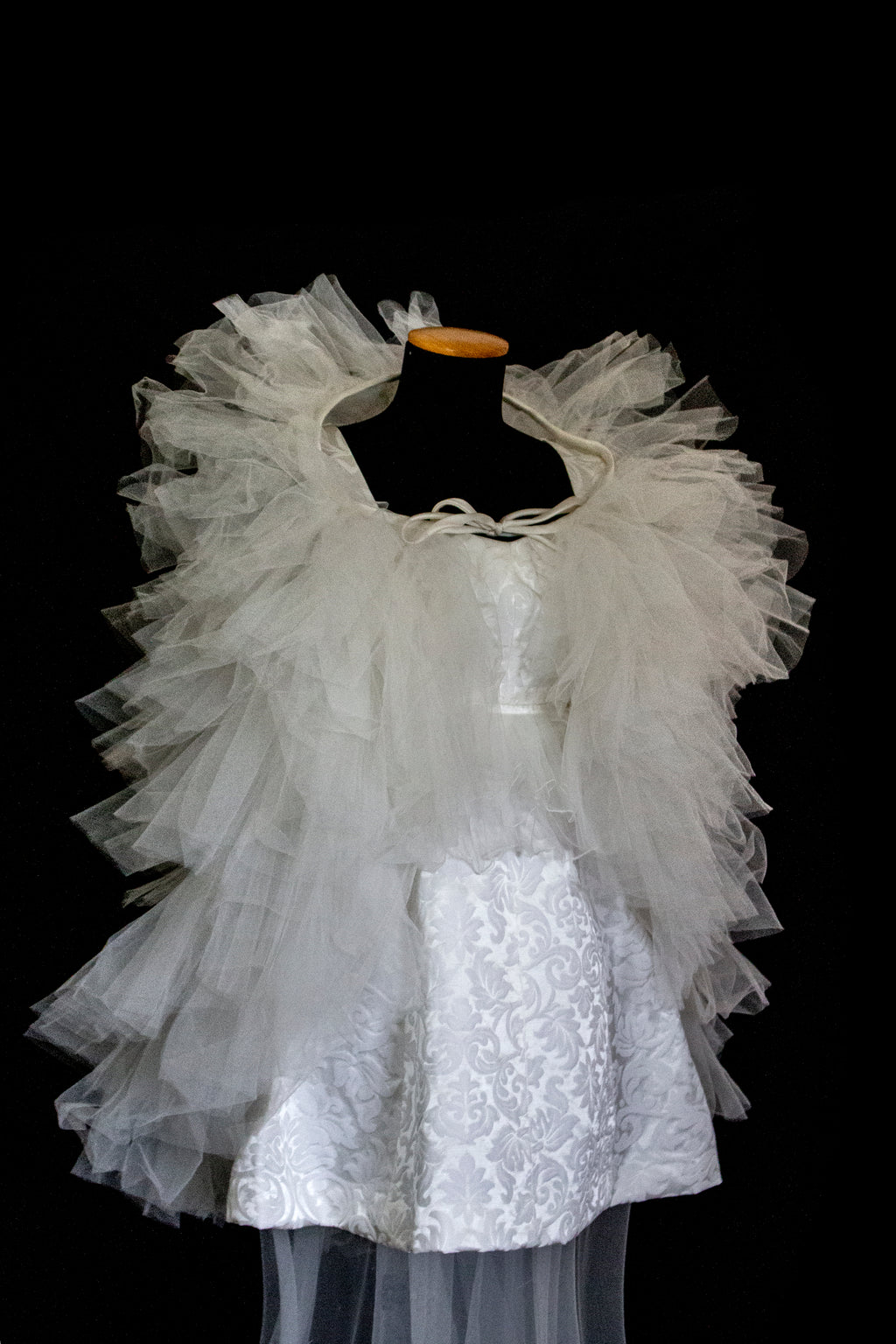 Vintage 90s Mini Wedding Dress | Damask Bridal Dress with Cape & Bow - 368