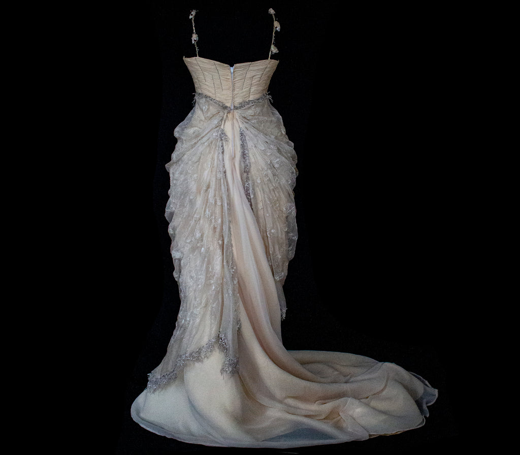 336 - DARK BEIGE SILK EMPIRE WEDDING DRESS: VINTAGE 90s GOWN WITH ROARING 20s DETAILS & SILVER EMBROIDERY - Vague atelier