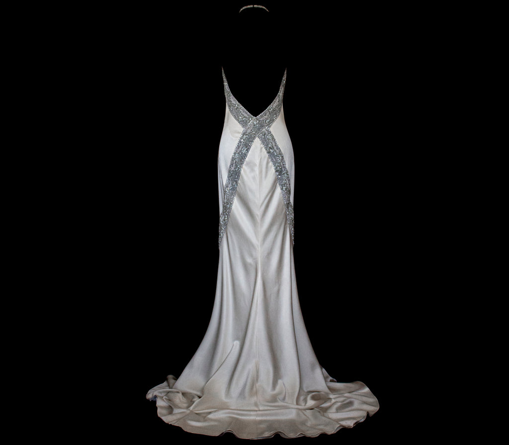 291 - OLD HOLLYWOOD VINTAGE MERMAID BRIDAL GOWN: BACKLESS SILK SATIN & ART DECO SILVER BEADING