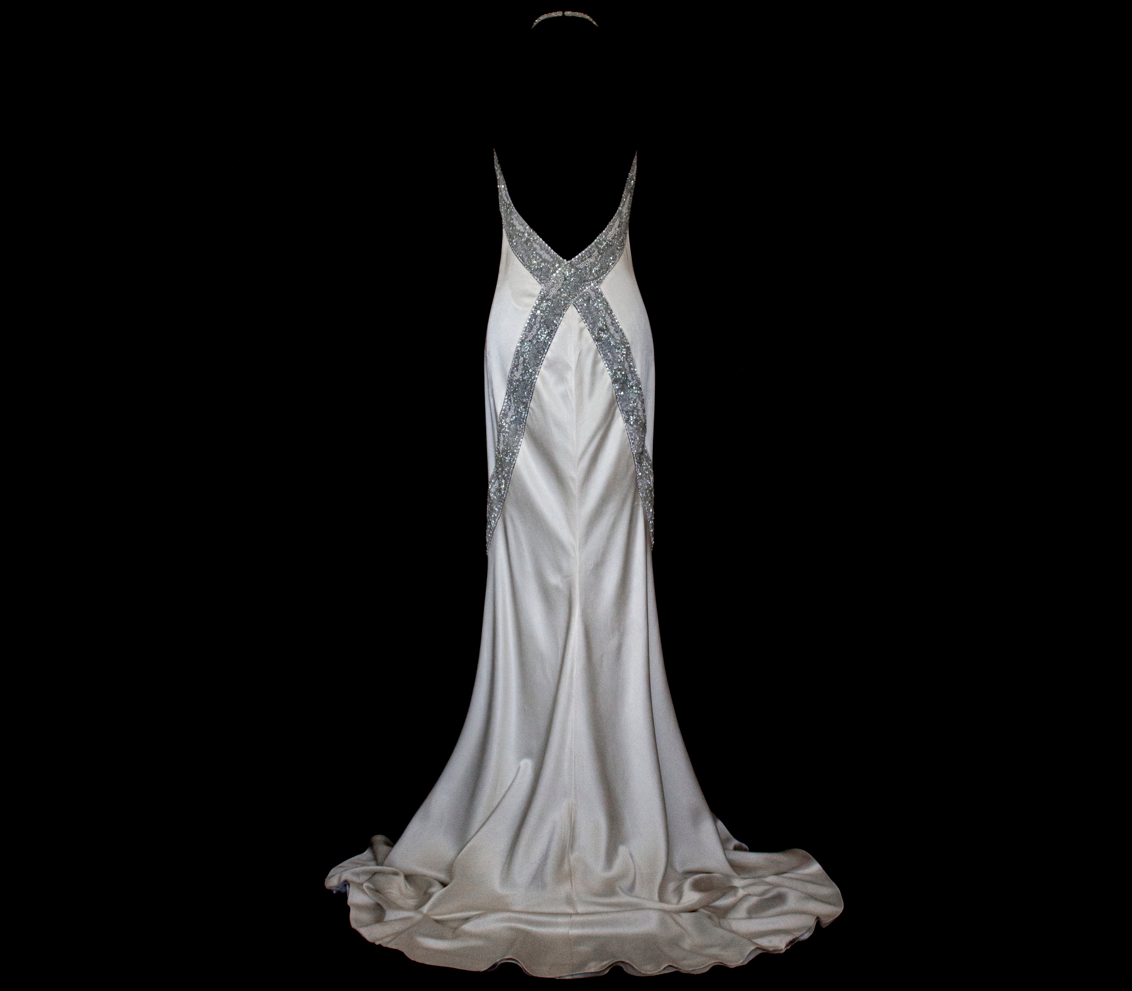 291 - OLD HOLLYWOOD VINTAGE MERMAID BRIDAL GOWN: BACKLESS SILK SATIN & ART DECO SILVER BEADING