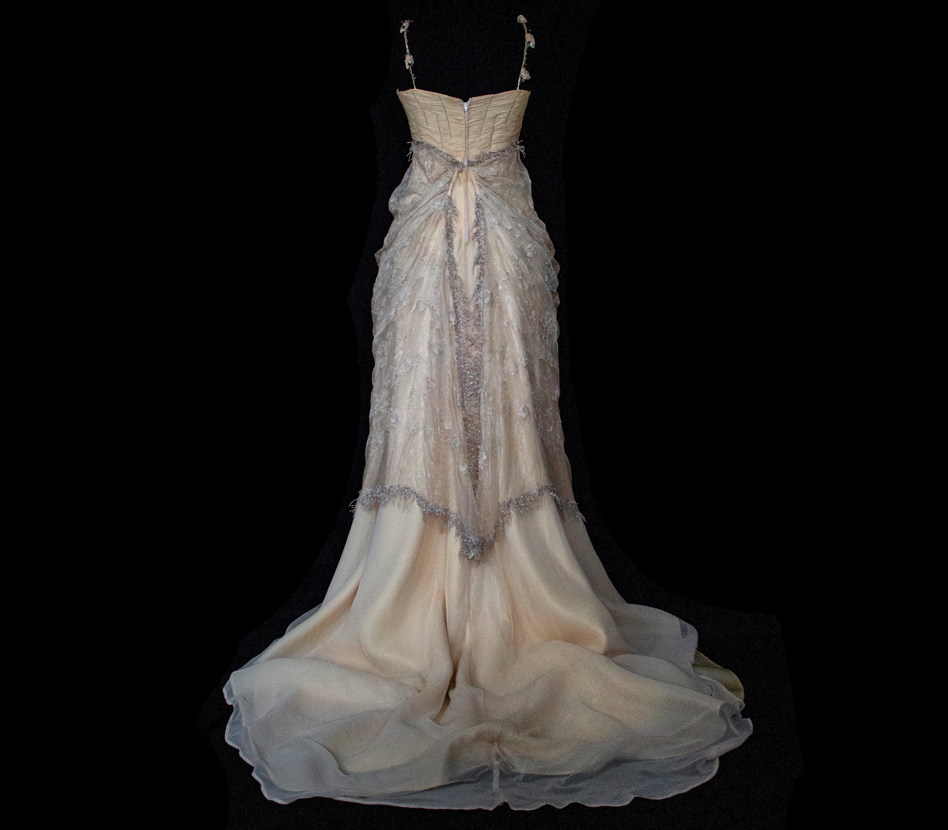 336 - DARK BEIGE SILK EMPIRE WEDDING DRESS: VINTAGE 90s GOWN WITH ROARING 20s DETAILS & SILVER EMBROIDERY - Vague atelier
