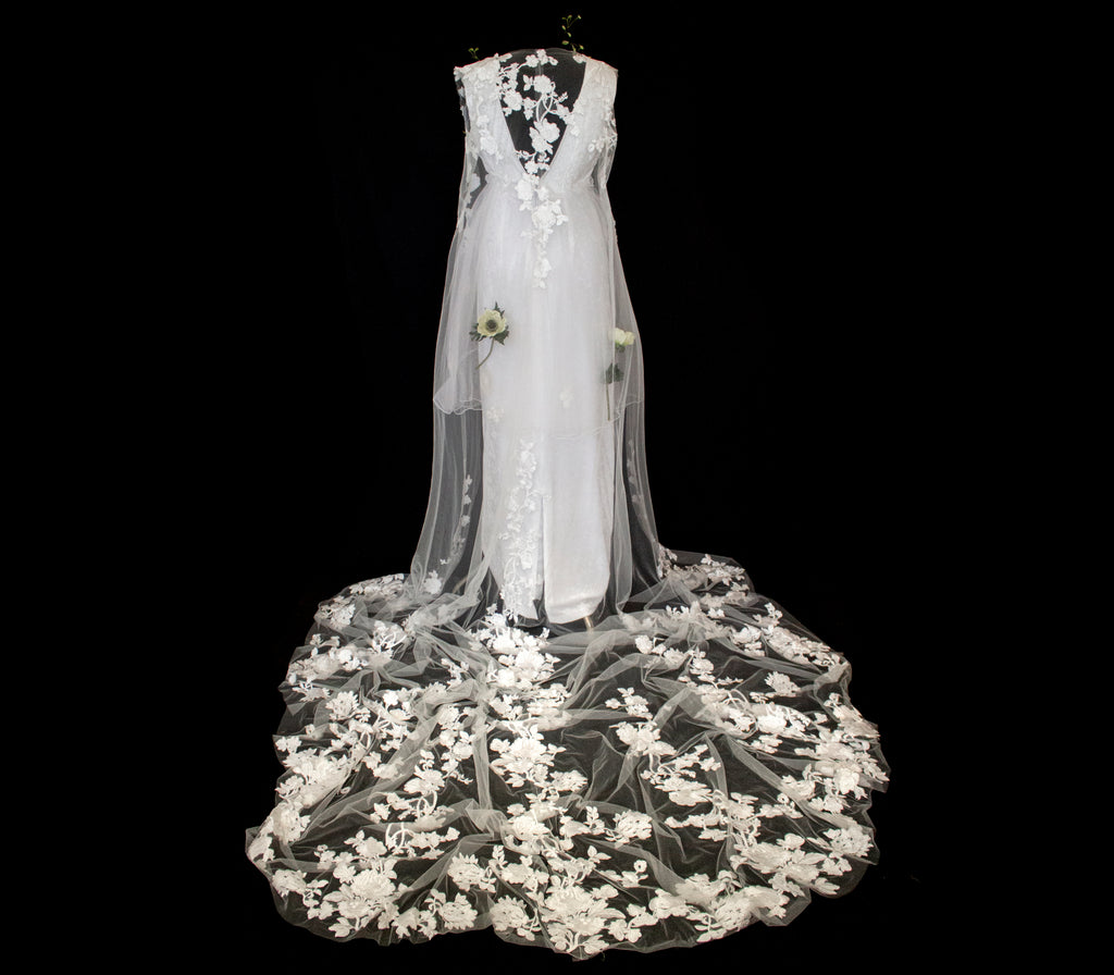 350 - UNIQUE VINTAGE UPCYCLED WEDDING DRESS: PEARL GREY VELVET SHEATH WITH TUTU & MAXI EMBROIDERED BRIDAL CAPE, SPRING BOHO STYLE - Vague atelier