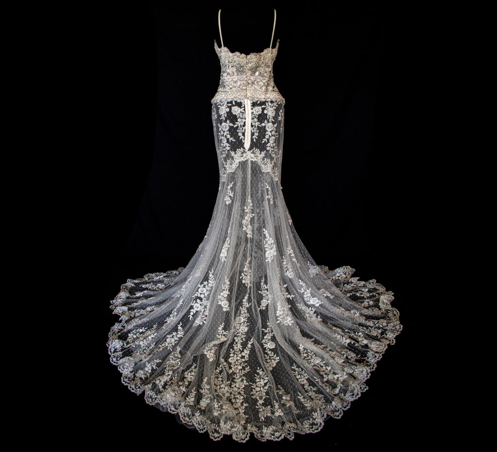 239 - VINTAGE OFF-WHITE MERMAID SWAROVSKI WEDDING DRESS: GOWN WITH NUDE POLKA DOT TULLE & SILVER FLORAL EMBROIDERY