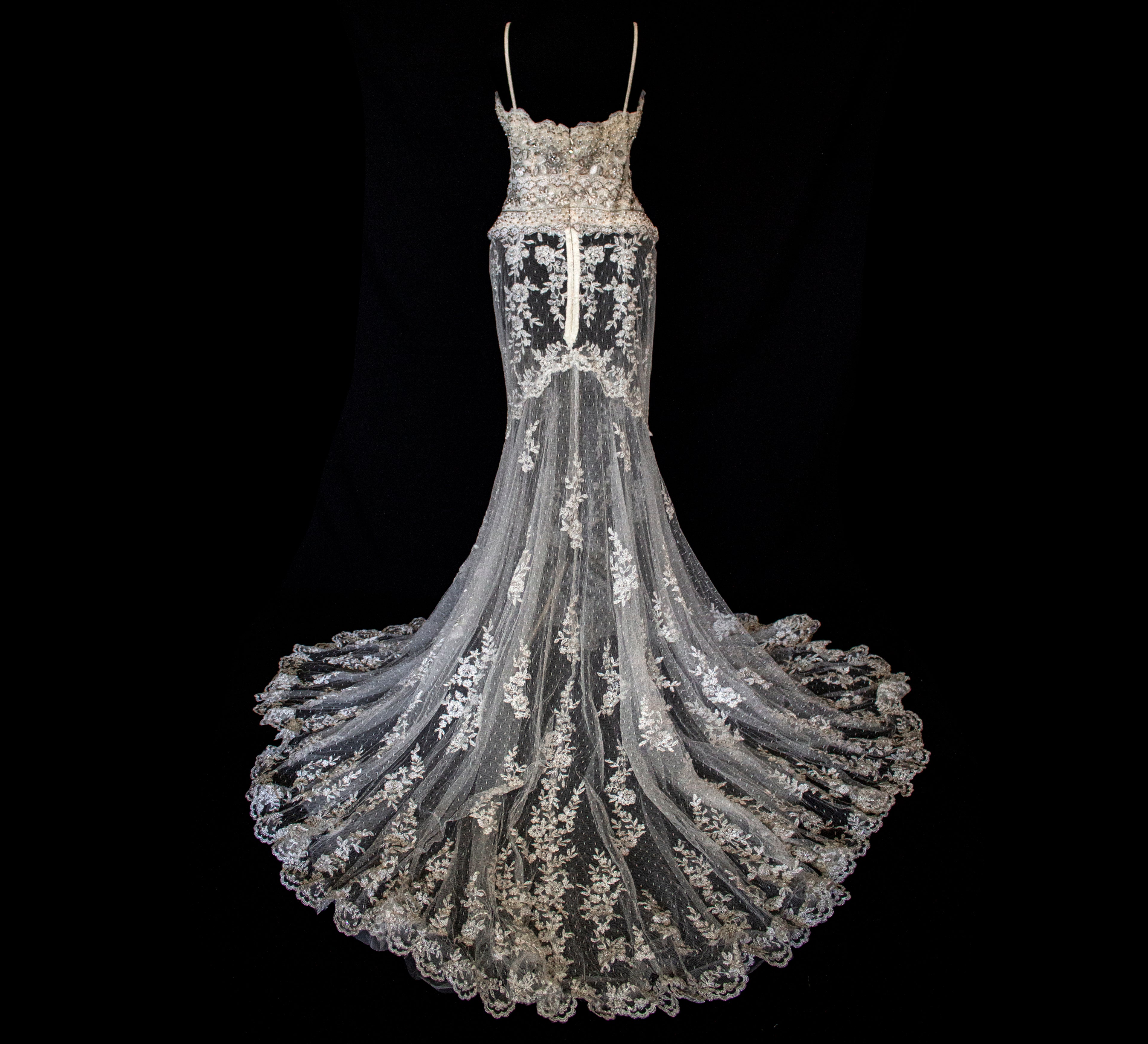 239 - VINTAGE OFF-WHITE MERMAID SWAROVSKI WEDDING DRESS: GOWN WITH NUDE POLKA DOT TULLE & SILVER FLORAL EMBROIDERY