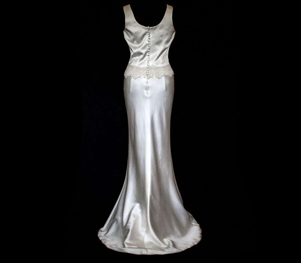 360 - VINTAGE SLIP STYLE WEDDING DRESS: CREAM FLUID SATIN GOWN WITH EMBROIDERED TULLE CAPE
