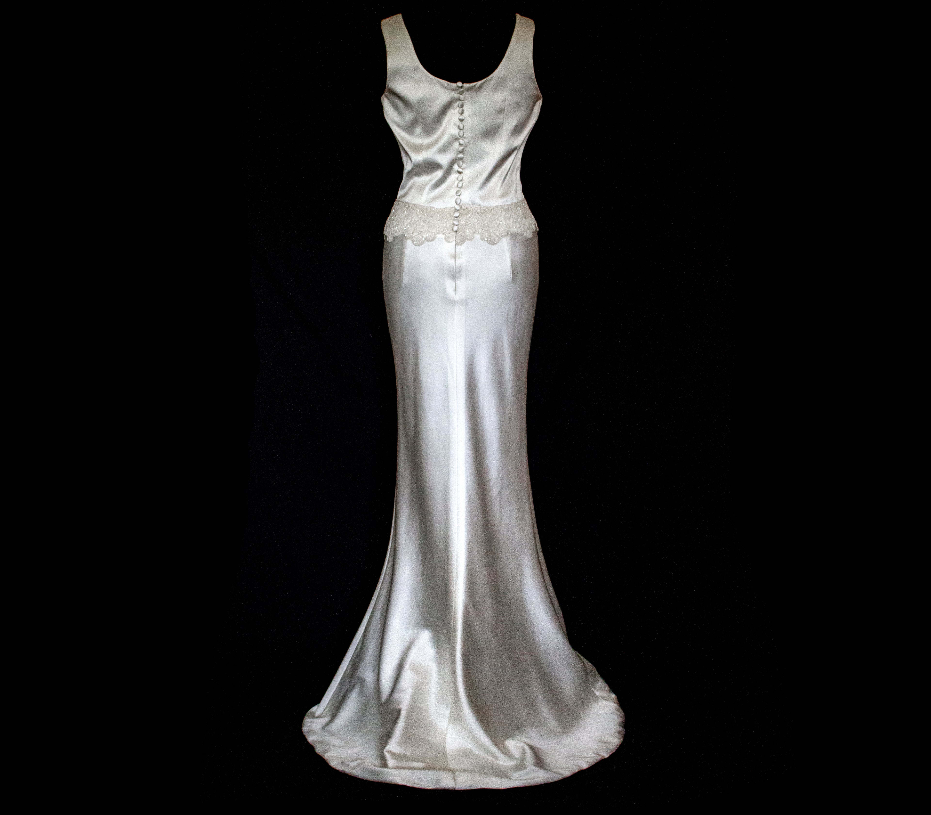 360 - VINTAGE SLIP STYLE WEDDING DRESS: CREAM FLUID SATIN GOWN WITH EMBROIDERED TULLE CAPE