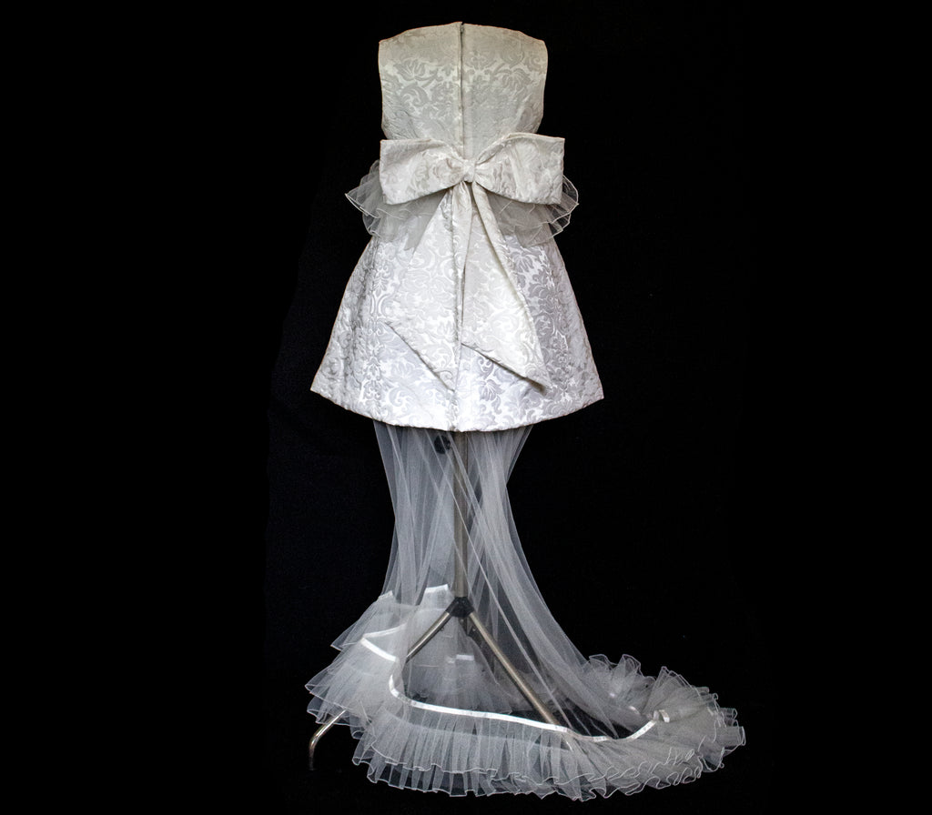 Vintage 90s Mini Wedding Dress | Damask Bridal Dress with Cape & Bow - 368