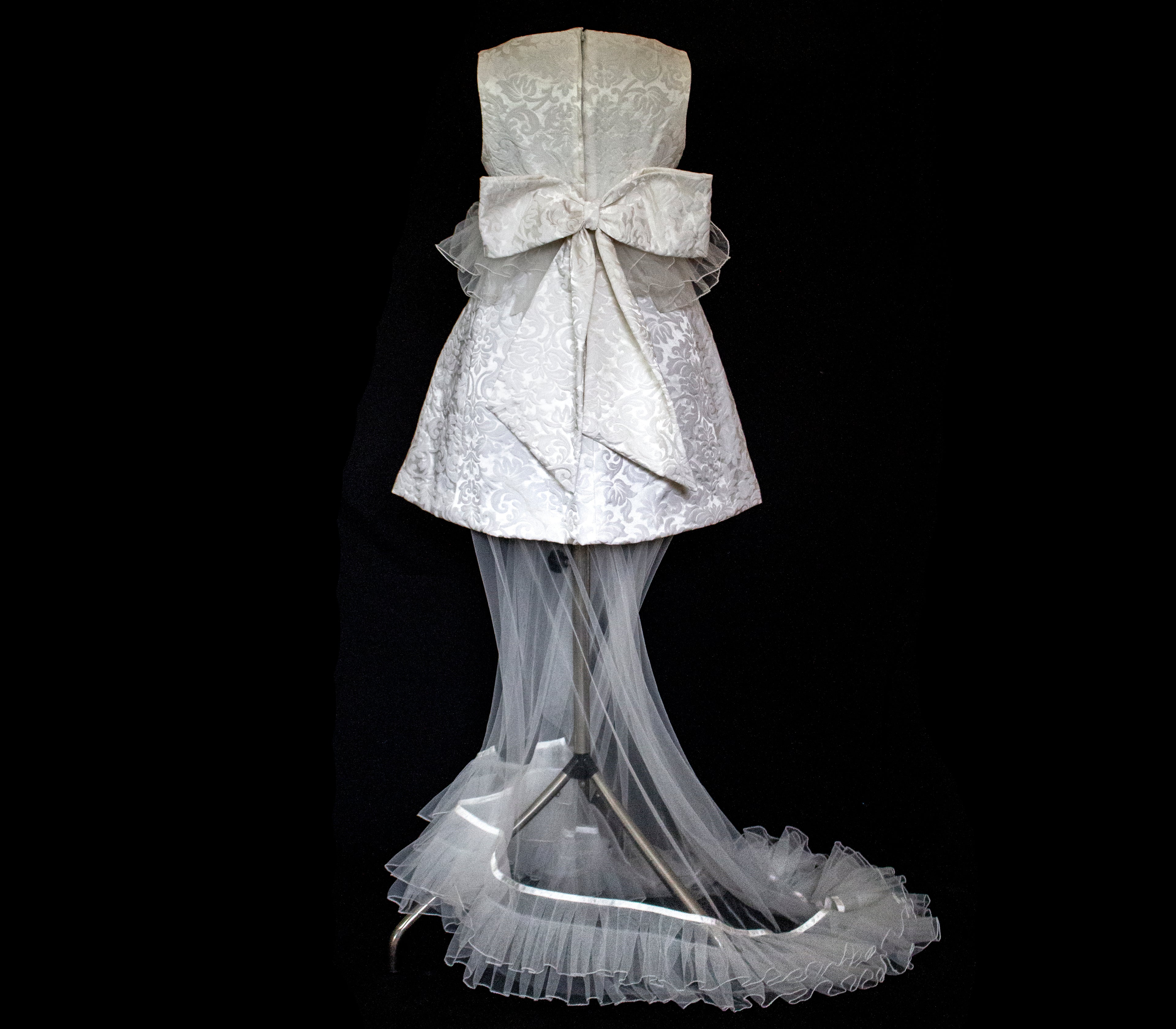 Vintage 90s Mini Wedding Dress | Damask Bridal Dress with Cape & Bow - 368