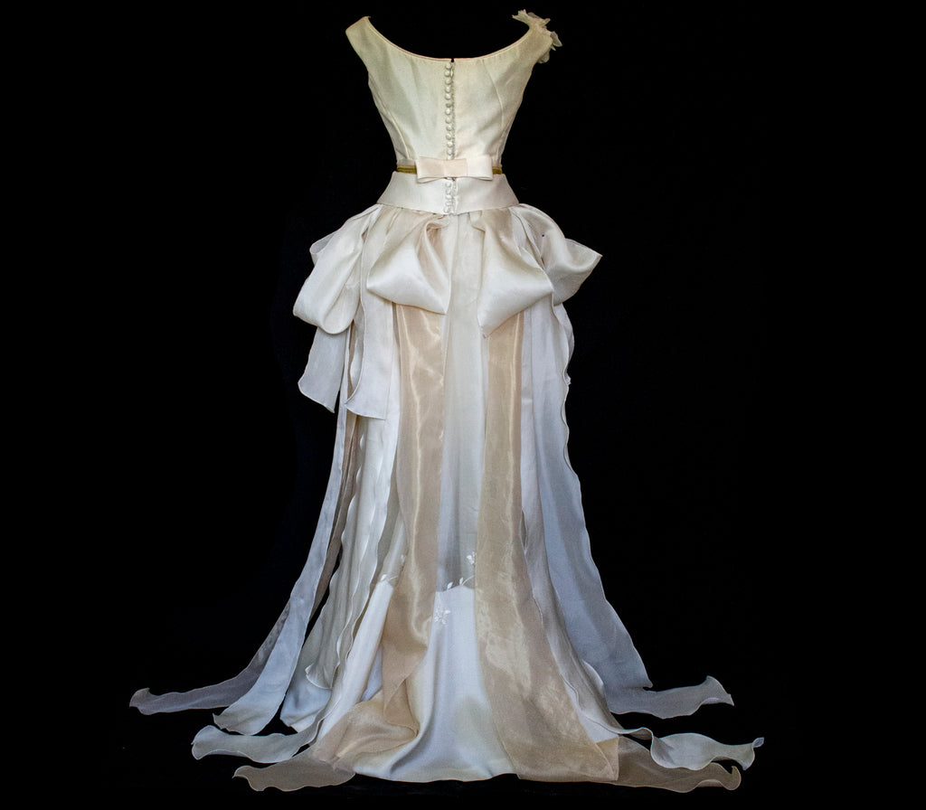 357 - VINTAGE 90s UPCYCLED SILK ORGANZA WEDDING DRESS: EMBROIDERED GOWN WITH HANDMADE FRINGE