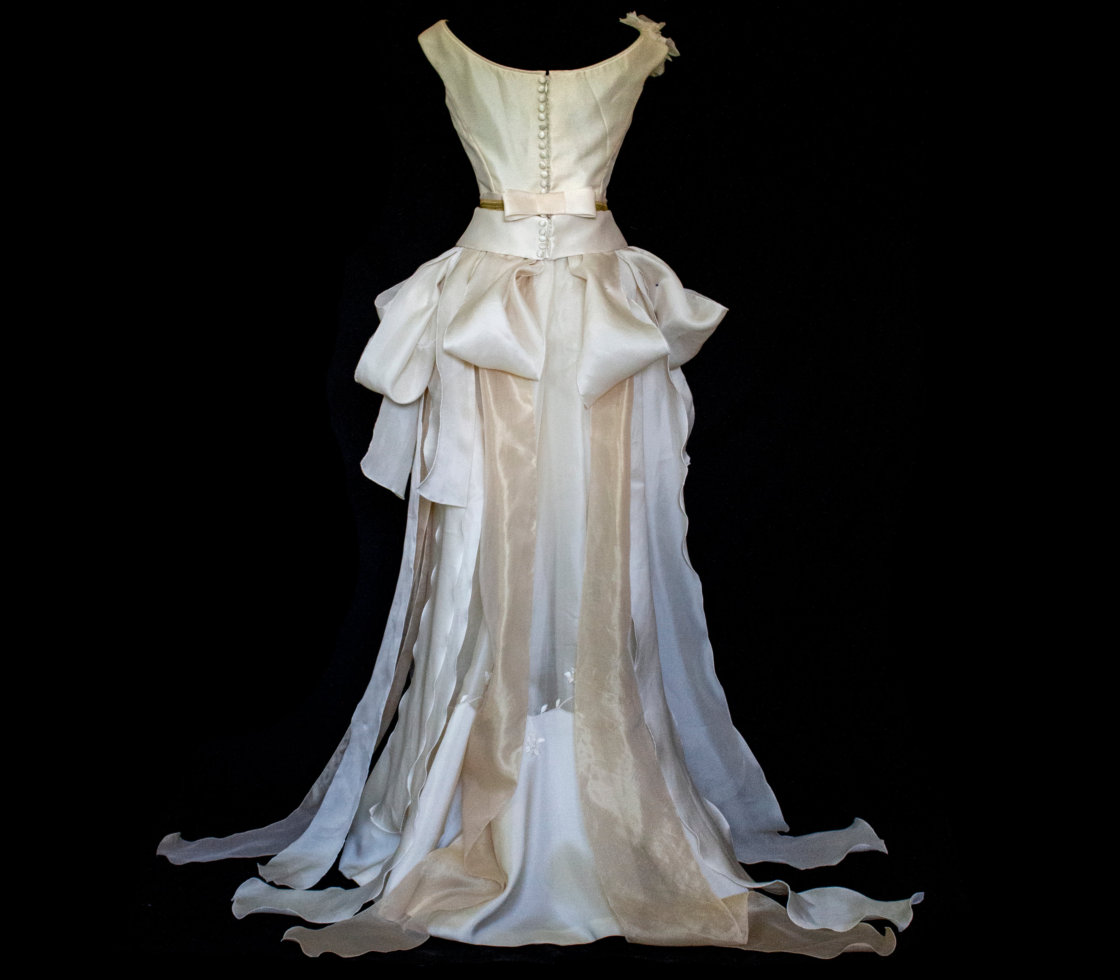 357 - VINTAGE 90s UPCYCLED SILK ORGANZA WEDDING DRESS: EMBROIDERED GOWN WITH HANDMADE FRINGE