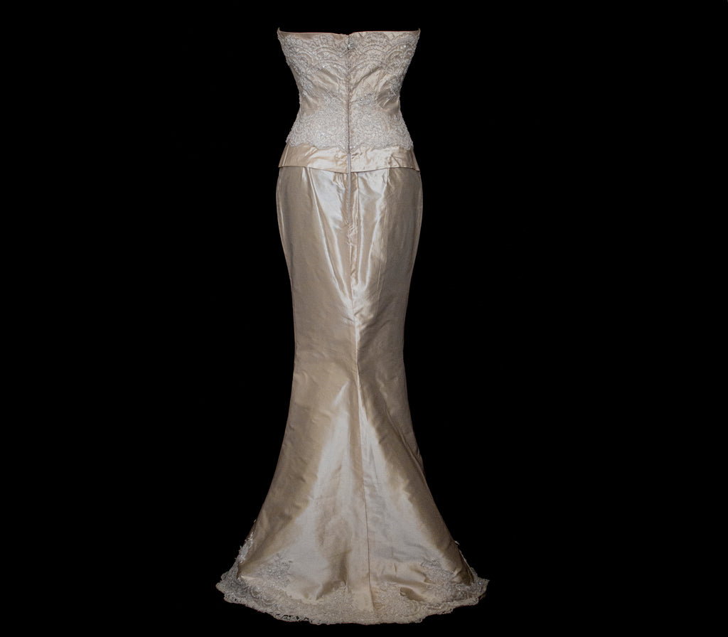 334 - IVORY SILK MIKADO VINTAGE WEDDING DRESS: COLUMN GOWN WITH EMBROIDERED CAPE & CRYSTALS - Vague atelier