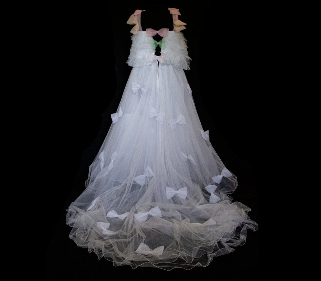 363 - VINTAGE 90s UPCYCLED TULLE 3-PIECE WEDDING DRESS: EMBROIDERED GOWN WITH HANDMADE BOWS AND CAPE