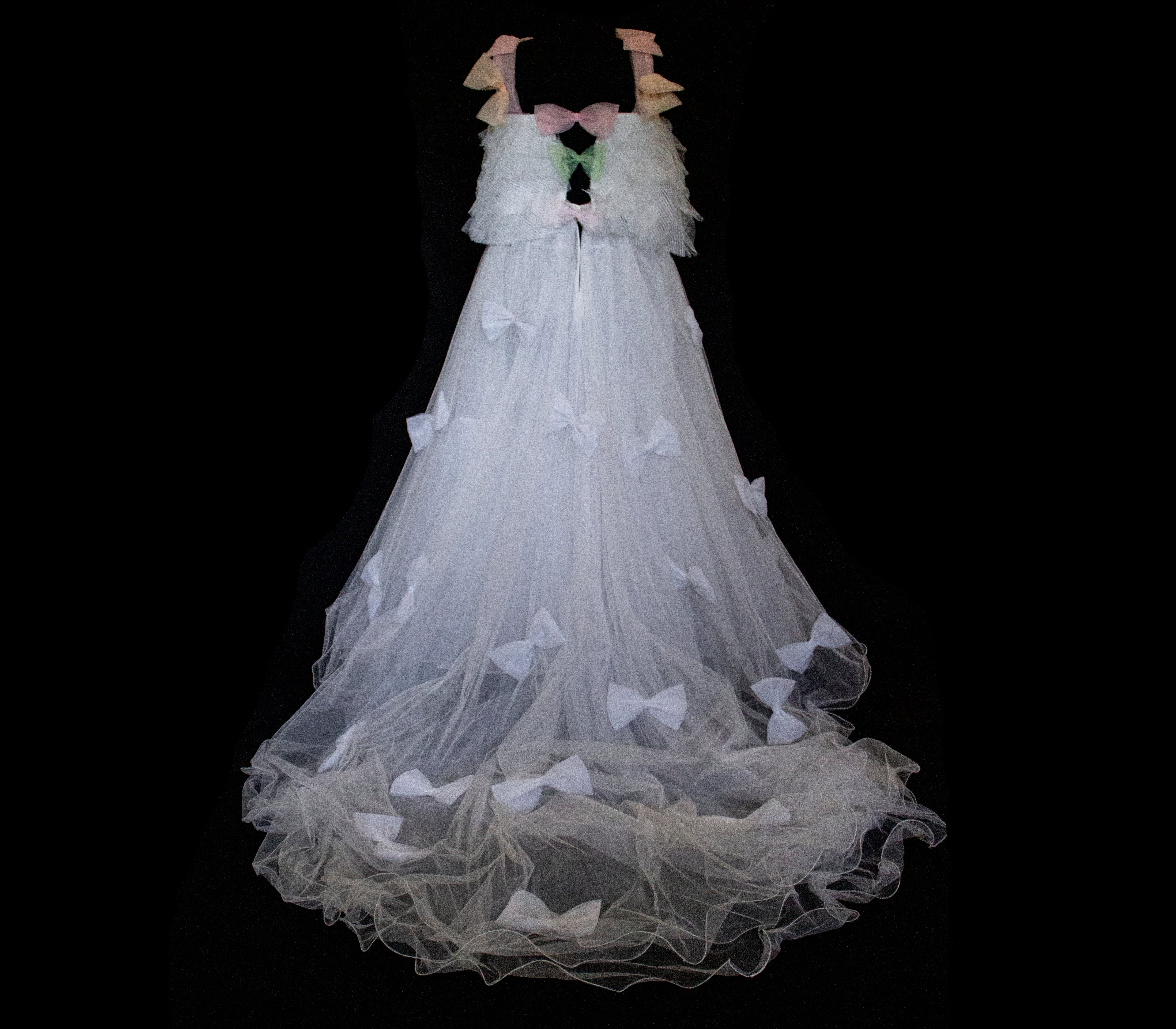 363 - VINTAGE 90s UPCYCLED TULLE 3-PIECE WEDDING DRESS: EMBROIDERED GOWN WITH HANDMADE BOWS AND CAPE