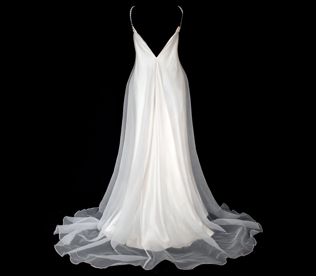 347 - UNIQUE UPCYCLED SILK SATIN WEDDING DRESS: POWDER PINK SLIP GOWN & IVORY CAPE ENSEMBLE, SILVER FLORAL EMBROIDERY, BOHO LUXURY