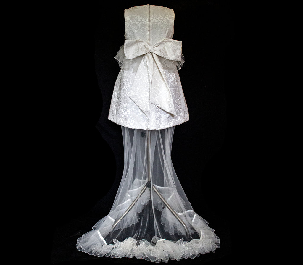 Vintage 90s Mini Wedding Dress | Damask Bridal Dress with Cape & Bow - 368