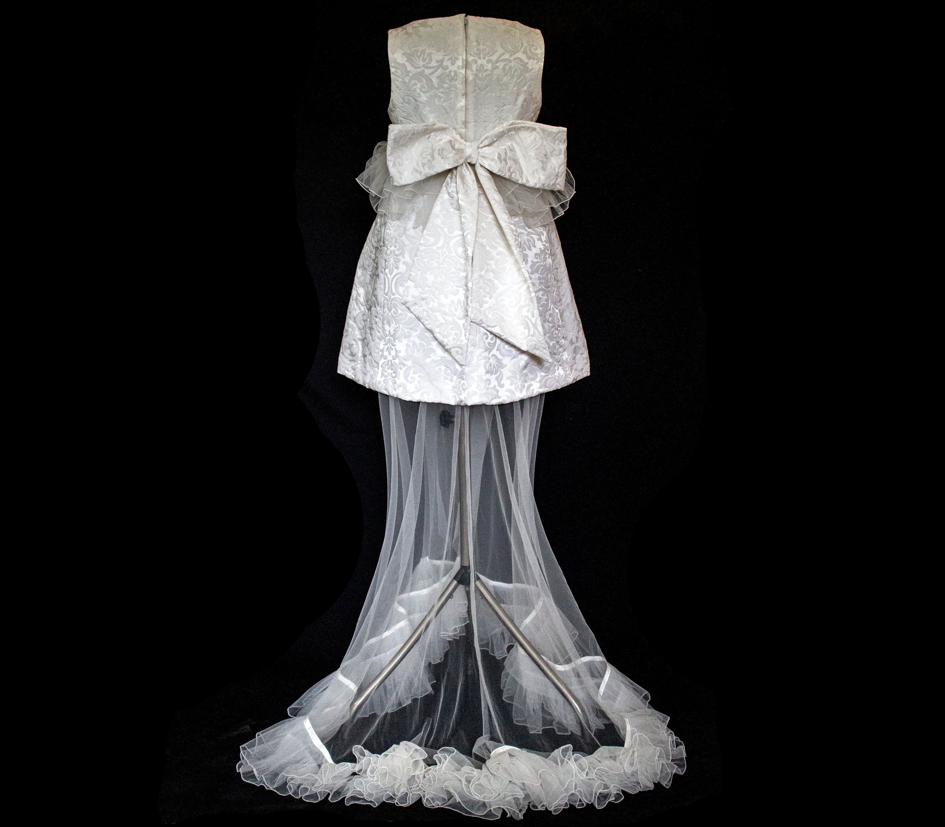 Vintage 90s Mini Wedding Dress | Damask Bridal Dress with Cape & Bow - 368