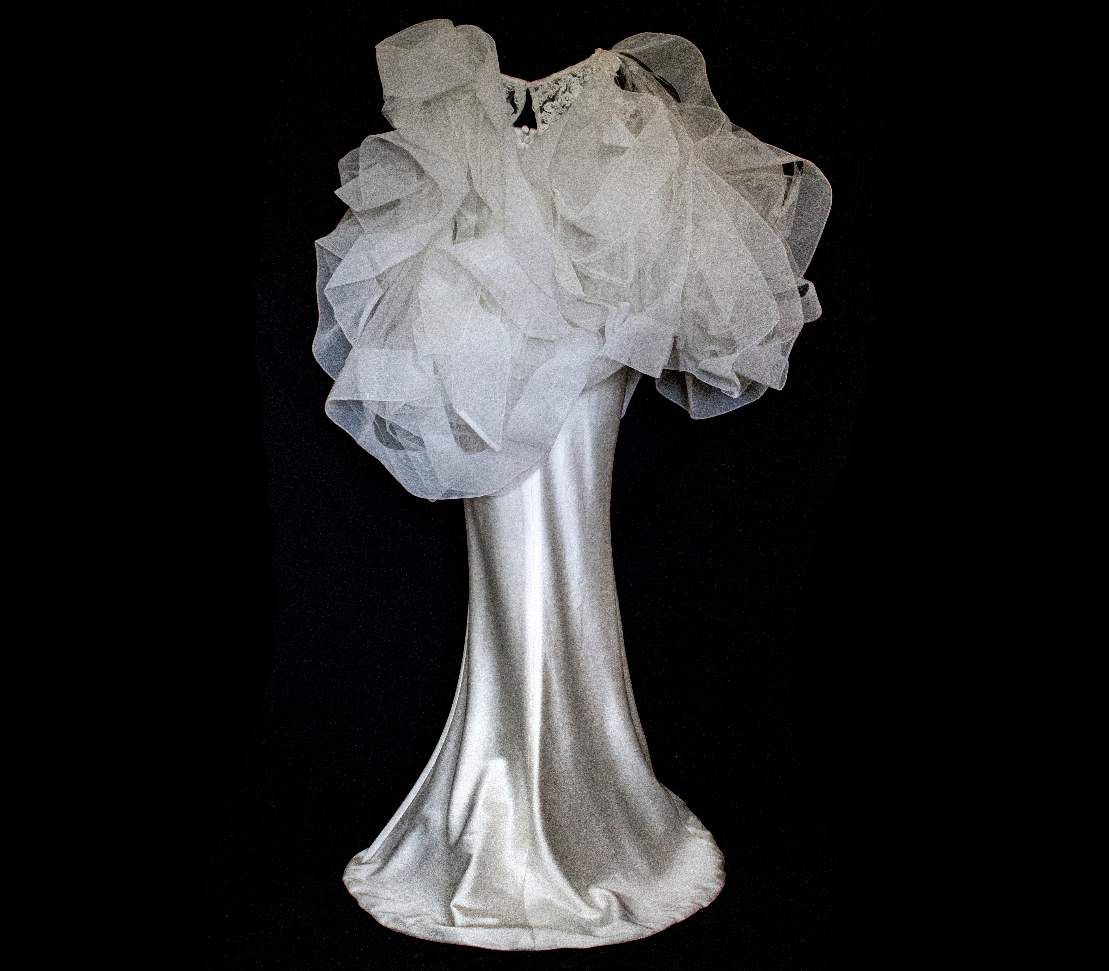 360 - VINTAGE SLIP STYLE WEDDING DRESS: CREAM FLUID SATIN GOWN WITH EMBROIDERED TULLE CAPE