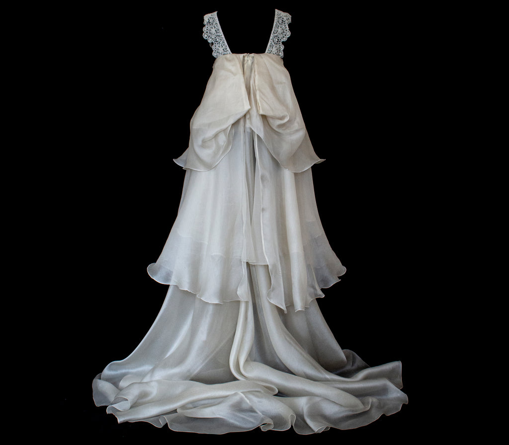 344 - UNIQUE UPCYCLED SILK ORGANZA WEDDING DRESS: PEARL GREY & BRONZE RUFFLED GOWN, SILVER EMBROIDERY, LUXURY SUSTAINABLE BRIDAL DRESS - Vague atelier