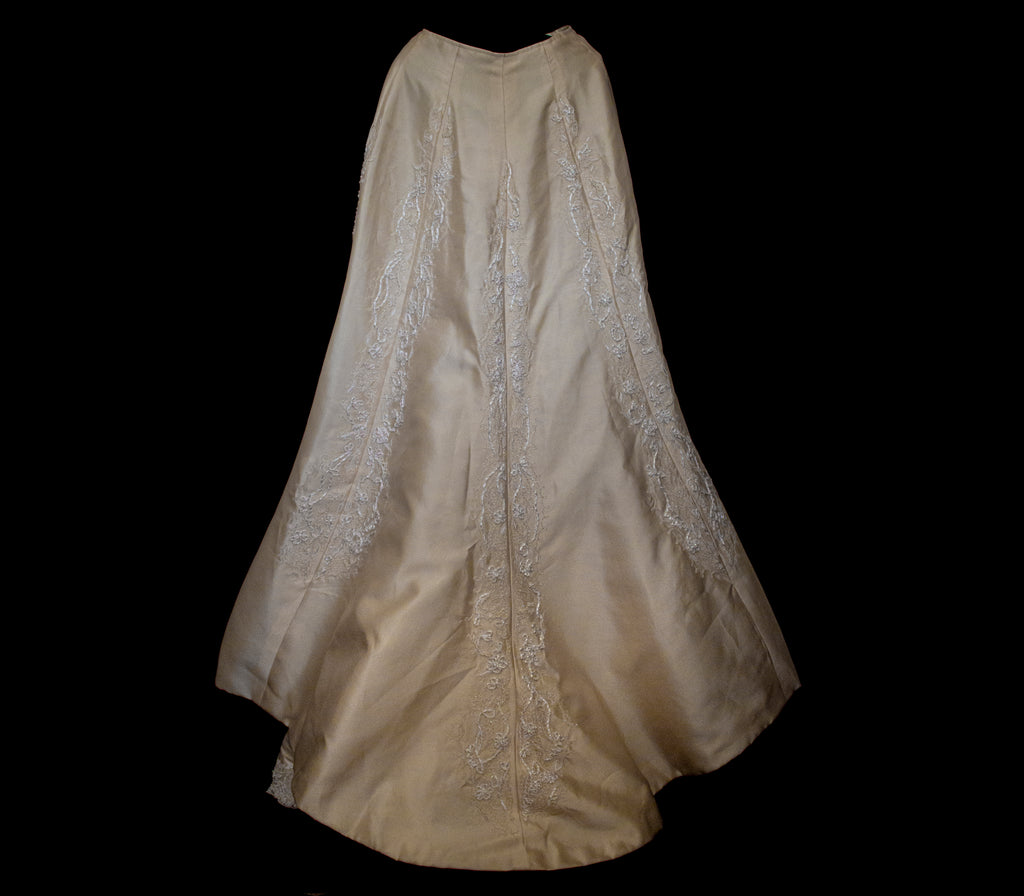 334 - IVORY SILK MIKADO VINTAGE WEDDING DRESS: COLUMN GOWN WITH EMBROIDERED CAPE & CRYSTALS - Vague atelier