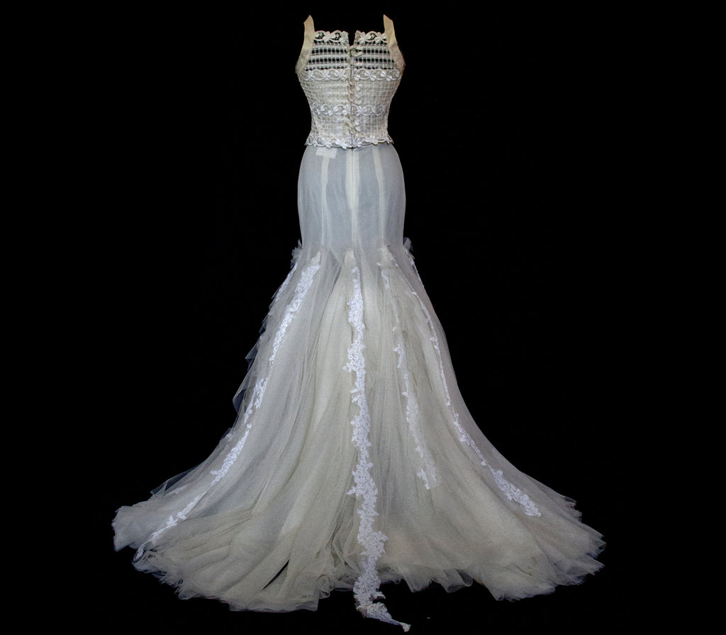 364 - VINTAGE 90s UPCYCLED TULLE AND MACRAME WEDDING DRESS: 2-PIECE ROMANTIC GOWN WITH FLOREAL LACE