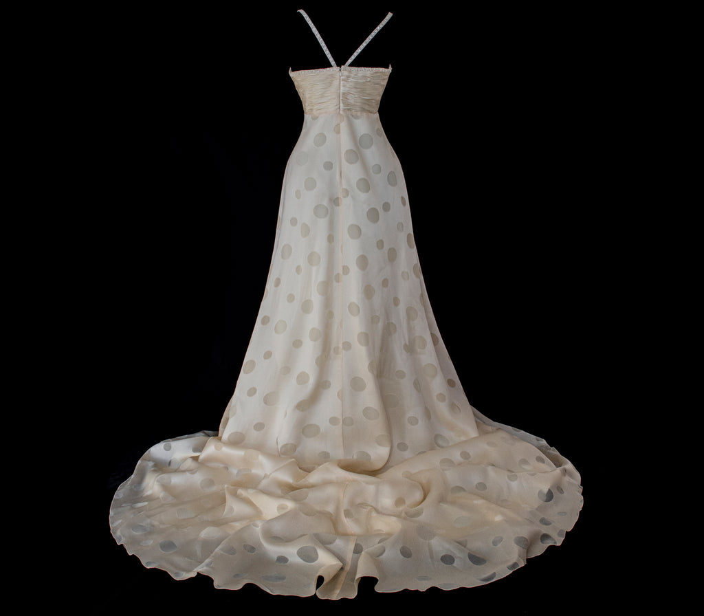338 - IVORY CHAMPAGNE SILK ORGANZA WEDDING DRESS: POLKA / POIS DOT EMPIRE GOWN WITH BEADED STRAPS & FULL CIRCLE TRAIN - Vague atelier