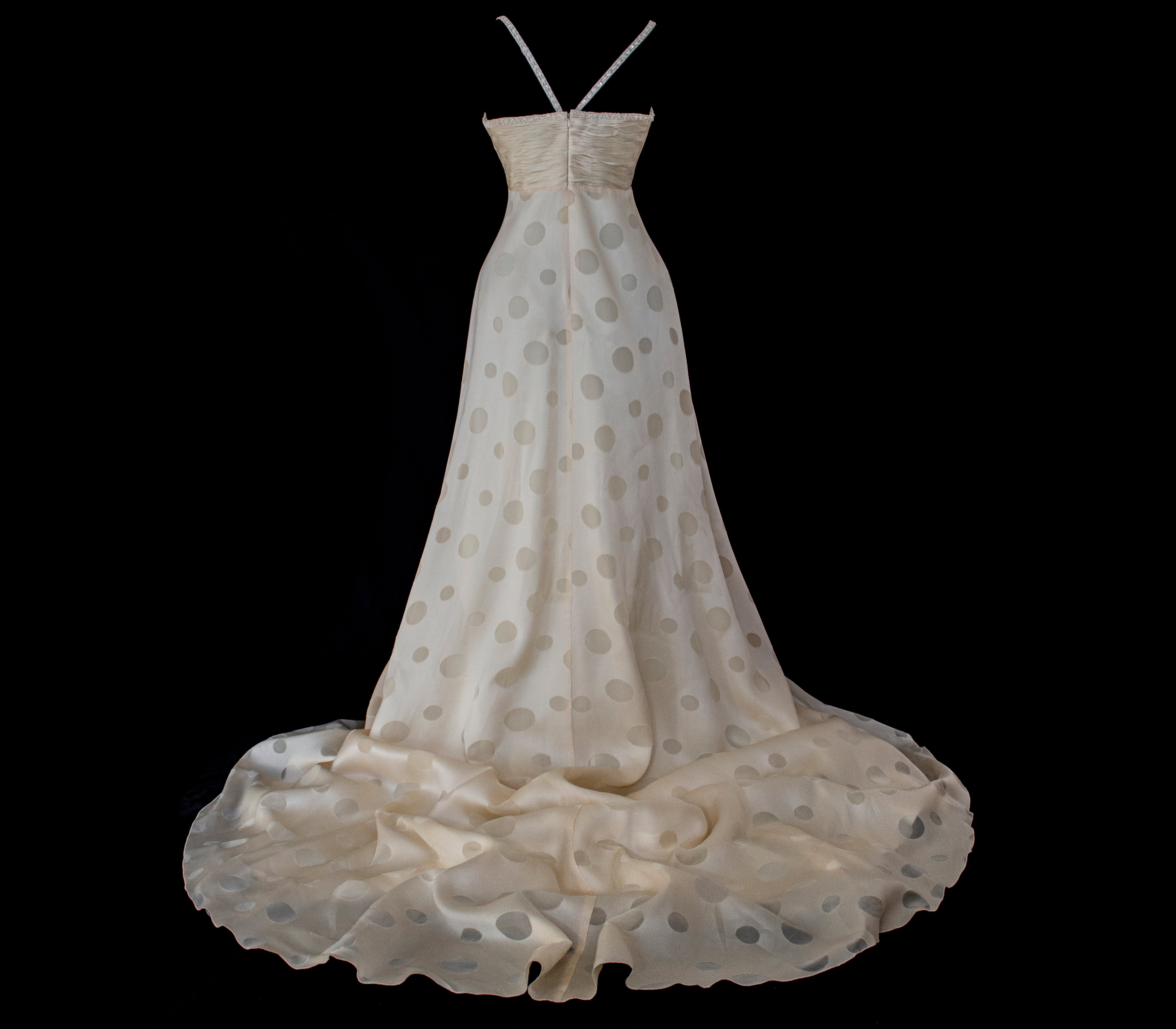 338 - IVORY CHAMPAGNE SILK ORGANZA WEDDING DRESS: POLKA / POIS DOT EMPIRE GOWN WITH BEADED STRAPS & FULL CIRCLE TRAIN - Vague atelier