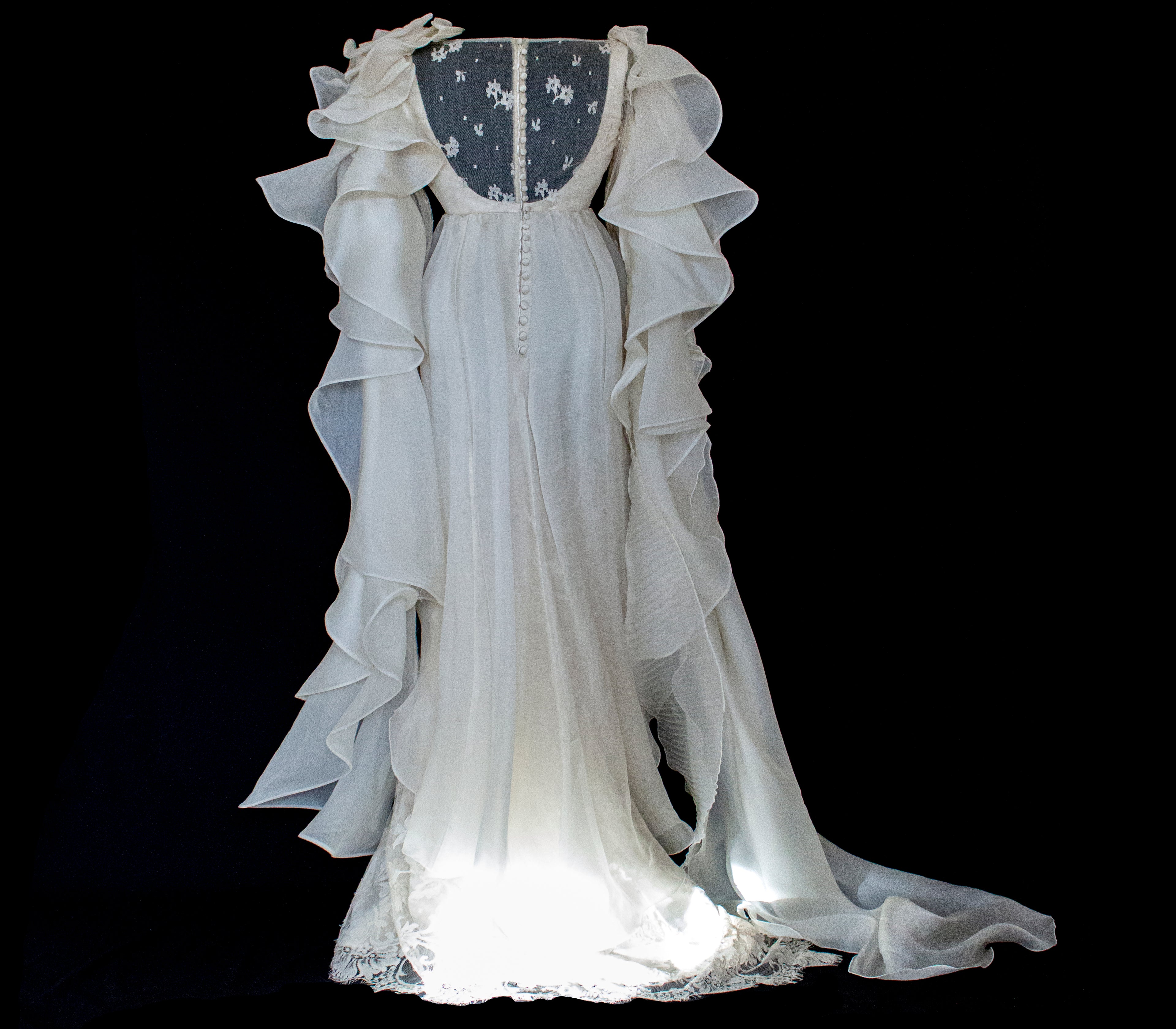 340 - OFF-WHITE SILK ORGANZA & ECRU LACE UPCYCLED WEDDING DRESS: UNIQUE EMPIRE GOWN WITH PLEATED WINGS