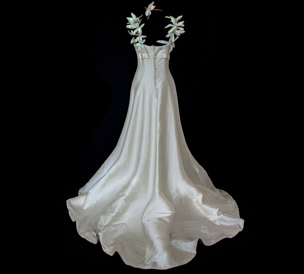 262 - RARE VINTAGE CHAMPAGNE BRIDAL GOWN: SILK MIKADO WITH AUTHENTIC 80S SEQUIN MAXI FLOWERS