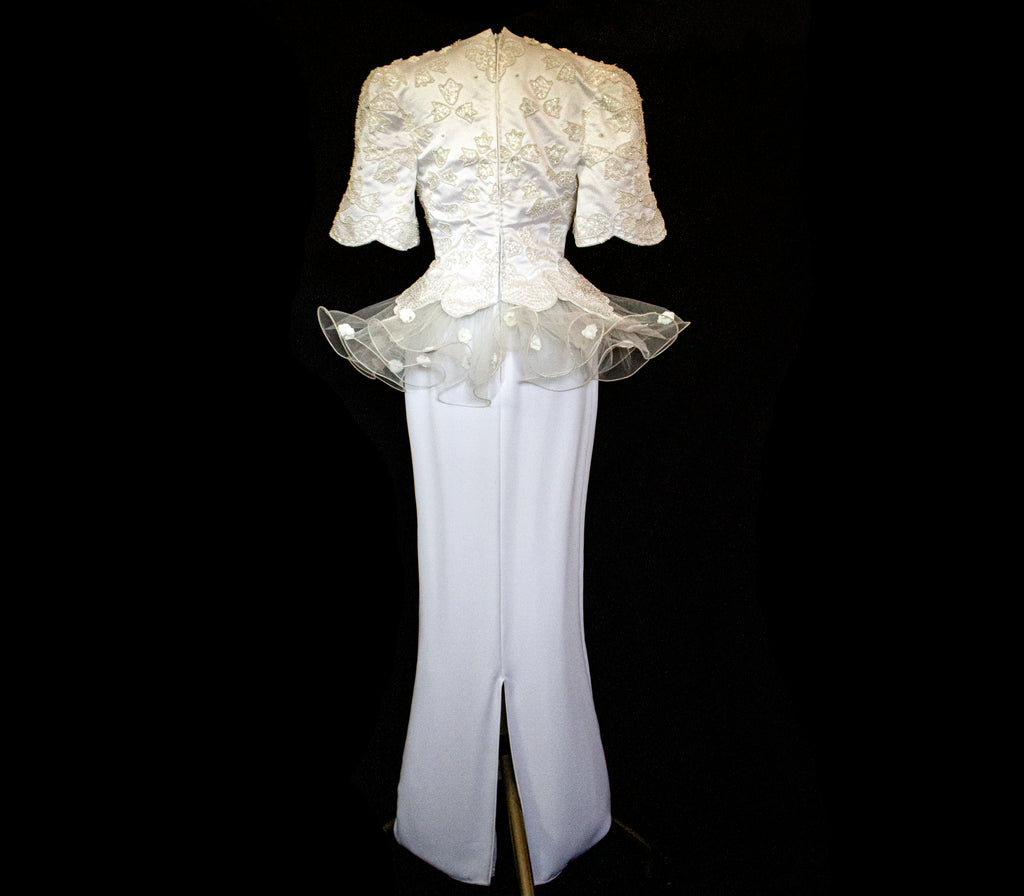 Vintage 80s Sheath Wedding Dress | Hand Embroidered Bridal Gown with Slit - 366