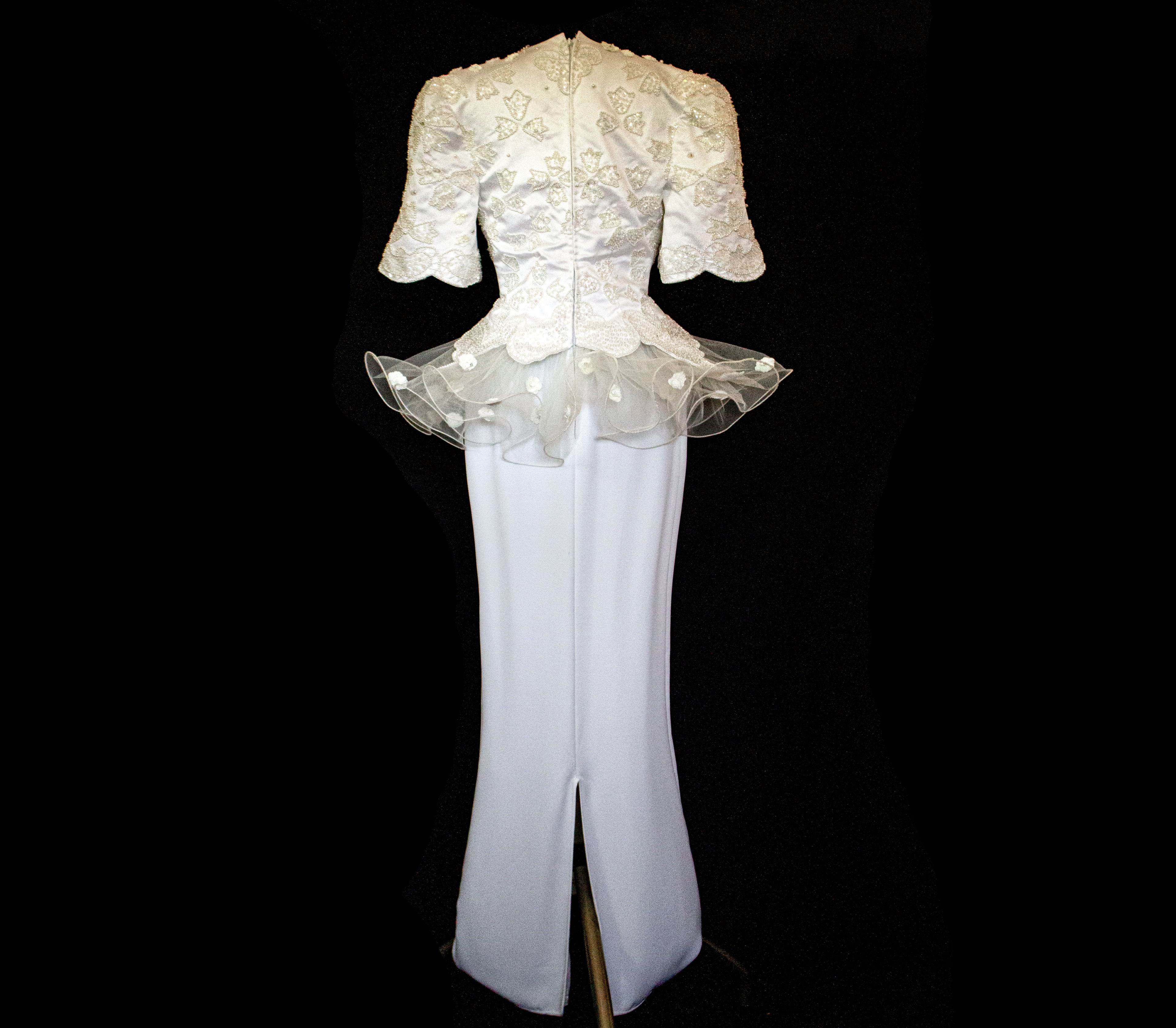 Vintage 80s Sheath Wedding Dress | Hand Embroidered Bridal Gown with Slit - 366