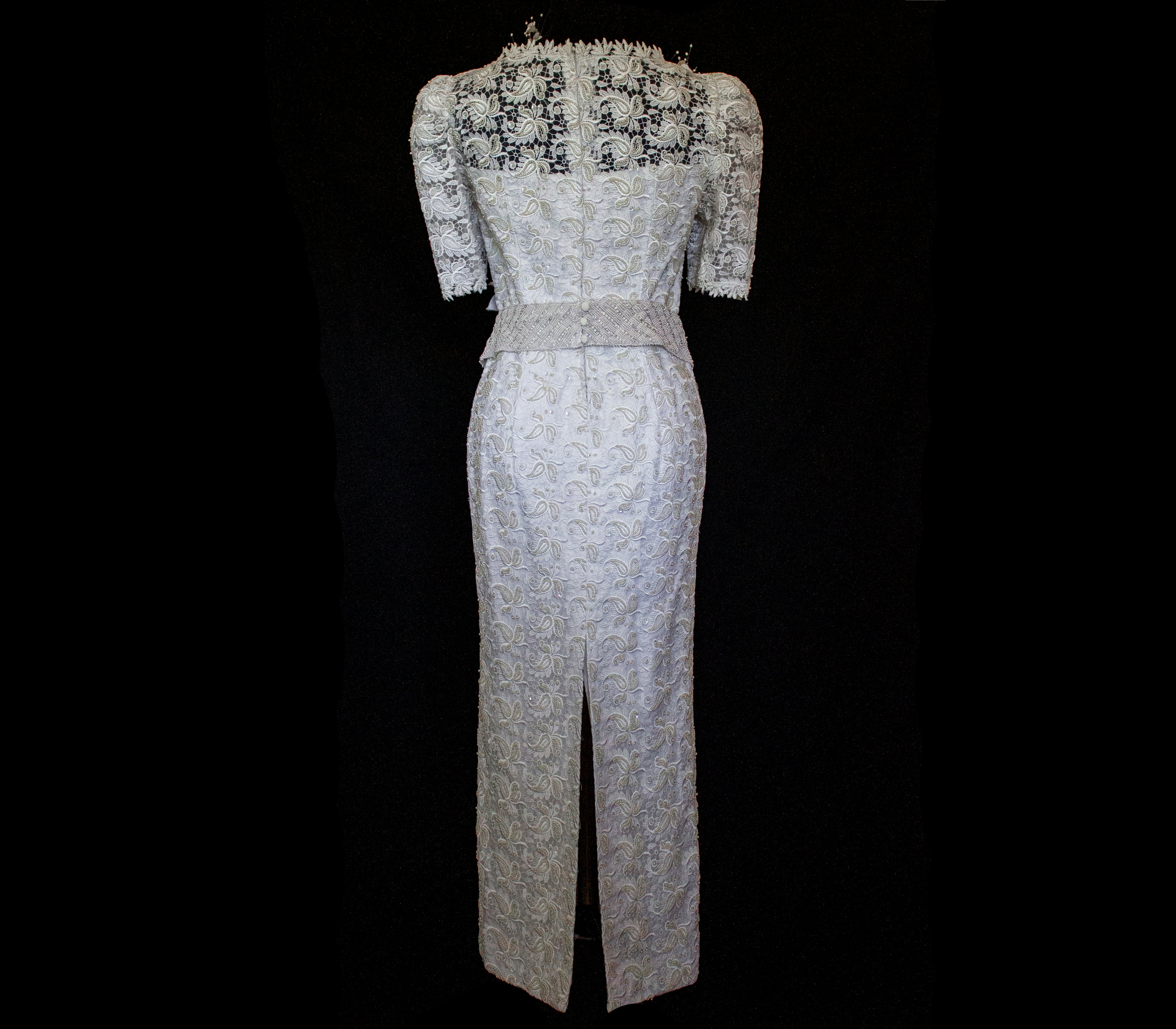 359 - VINTAGE 80s BEADED LACE SHEATH DRESS: WHITE & GOLD WEDDING GOWN WITH 3D FLORAL DETAILS