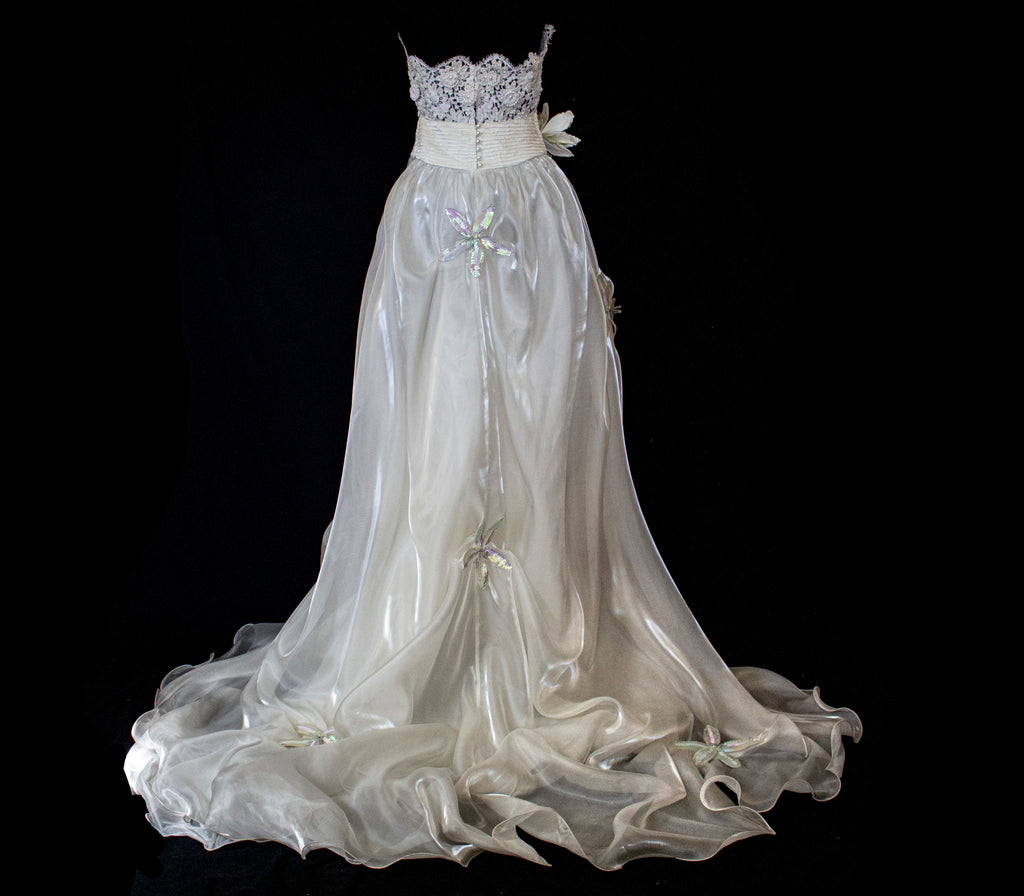 352 - UNIQUE 80S VINTAGE UPCYCLED WEDDING DRESS: EMPIRE WAIST SILK BRIDAL GOWN WITH IRIDESCENT ORGANZA & SEQUIN MAXI FLOWERS - Vague atelier
